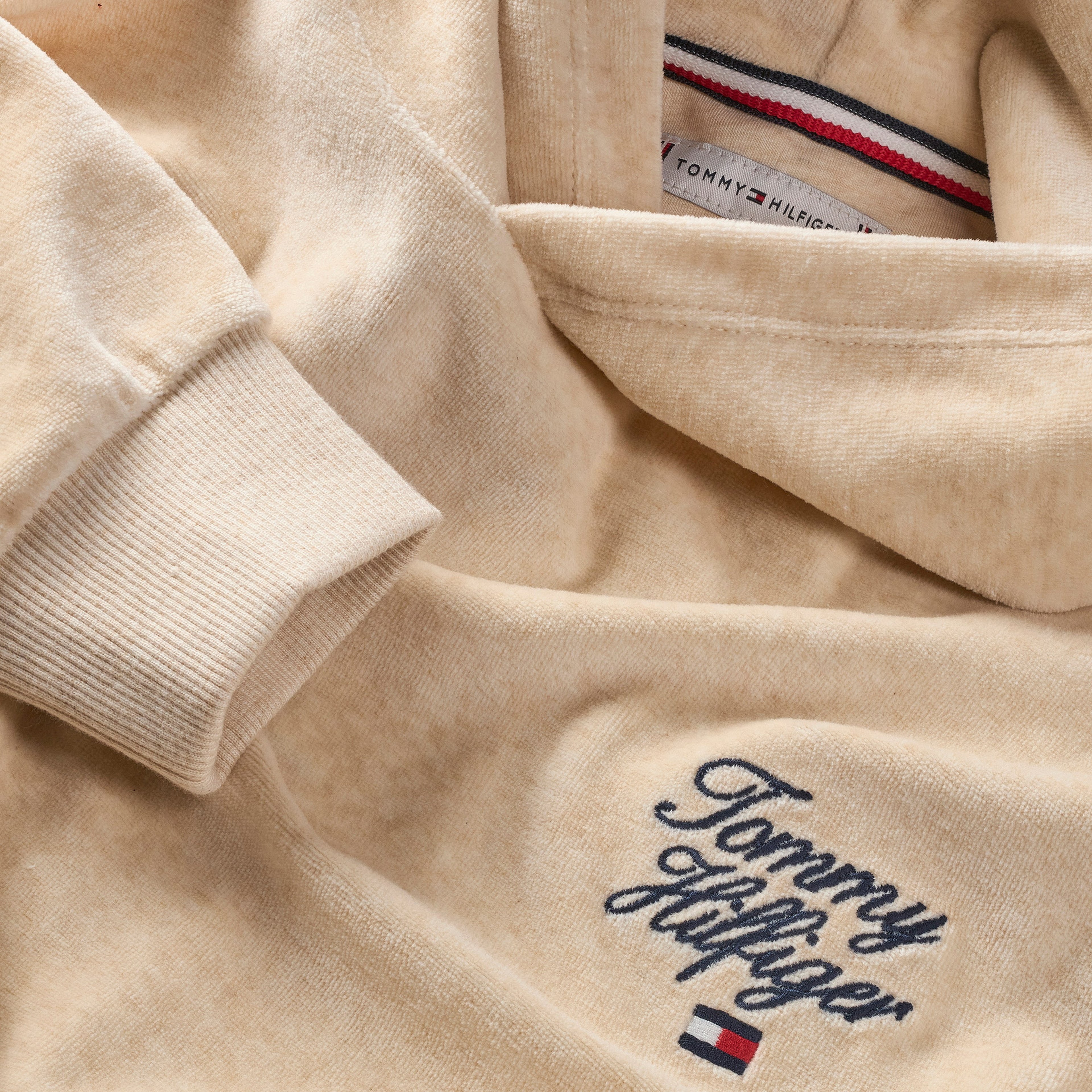 Tommy Hilfiger Script Velour Çocuk Bej Hoodie