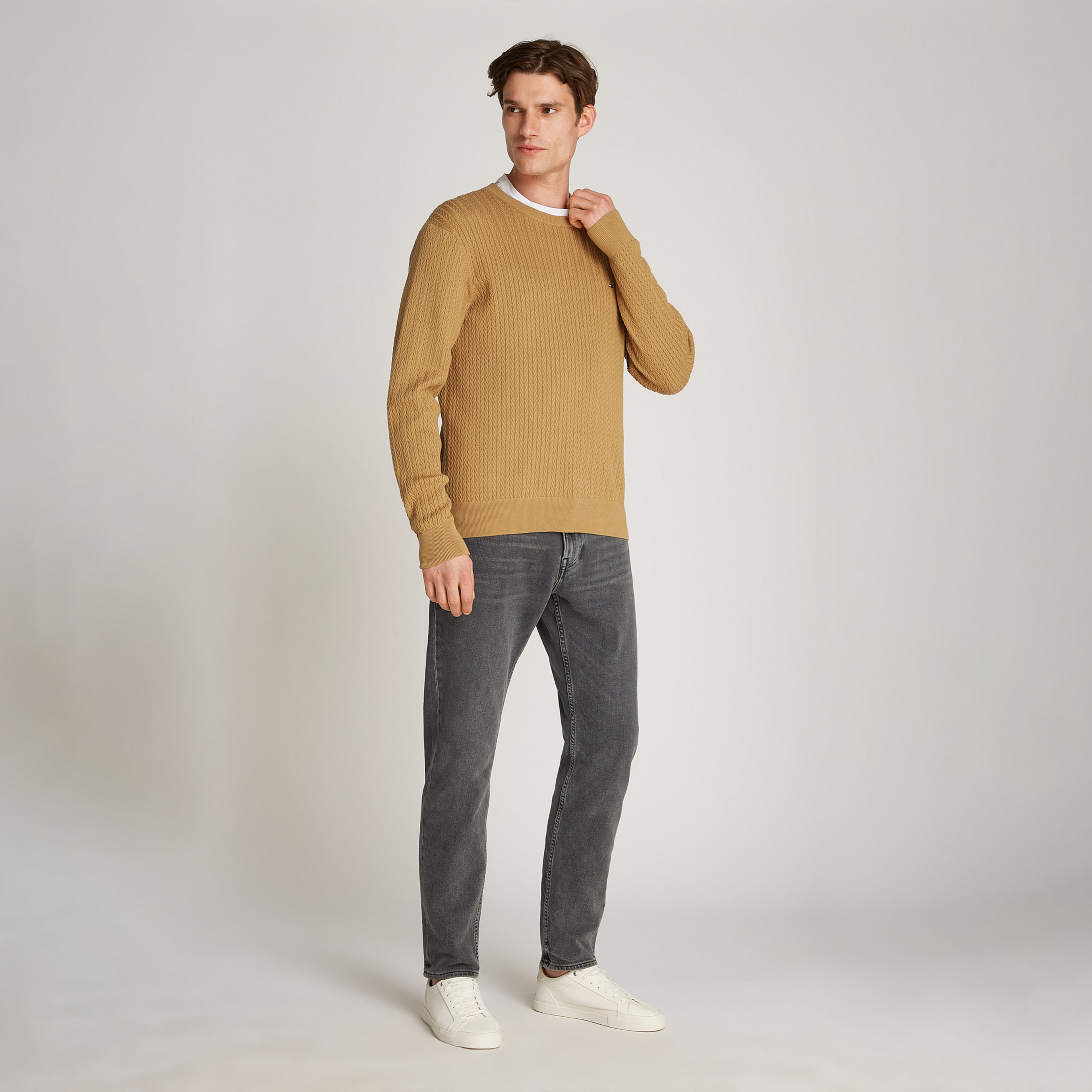 Tommy Hilfiger Herringbone Structure C Nk Erkek Haki Kazak