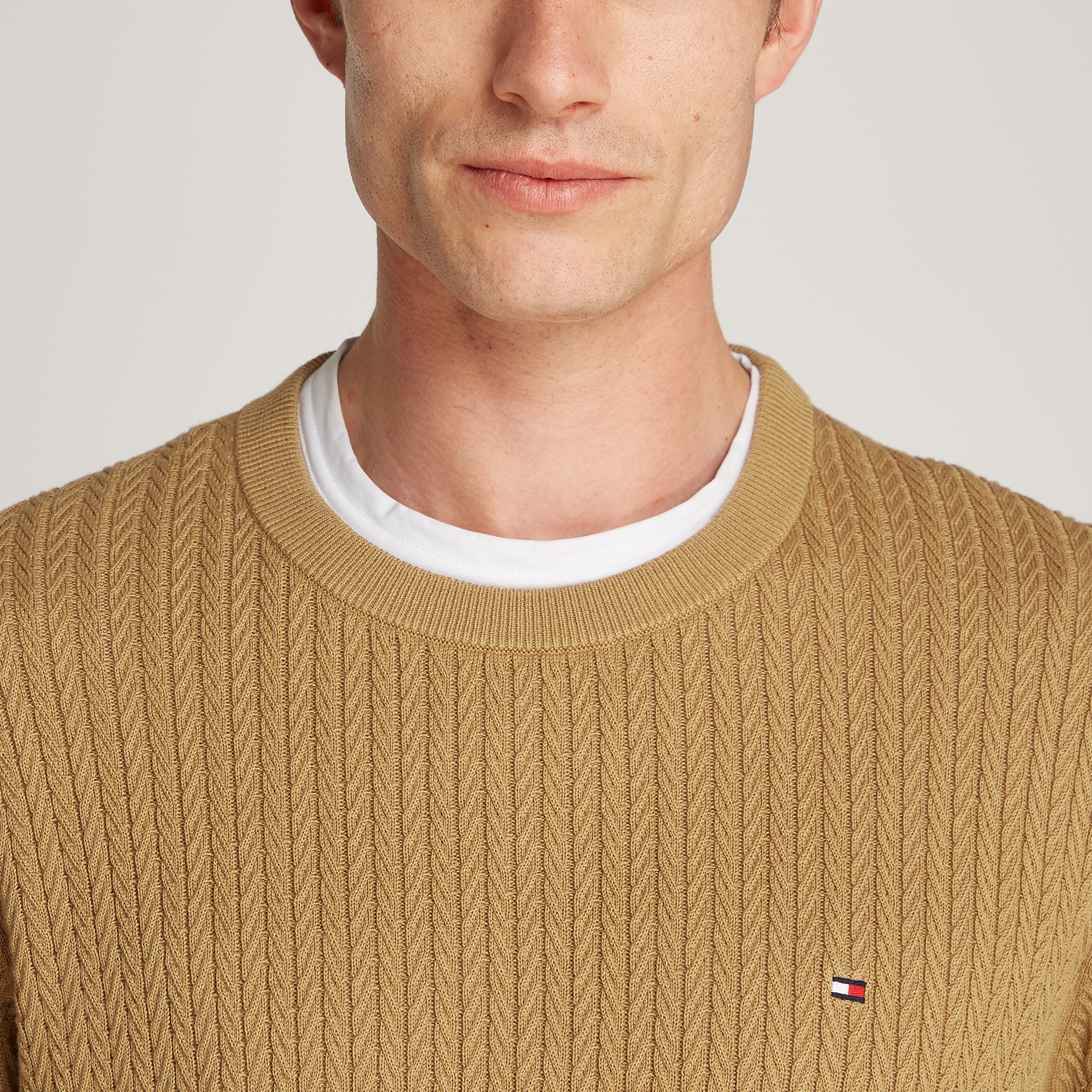 Tommy Hilfiger Herringbone Structure C Nk Erkek Haki Kazak