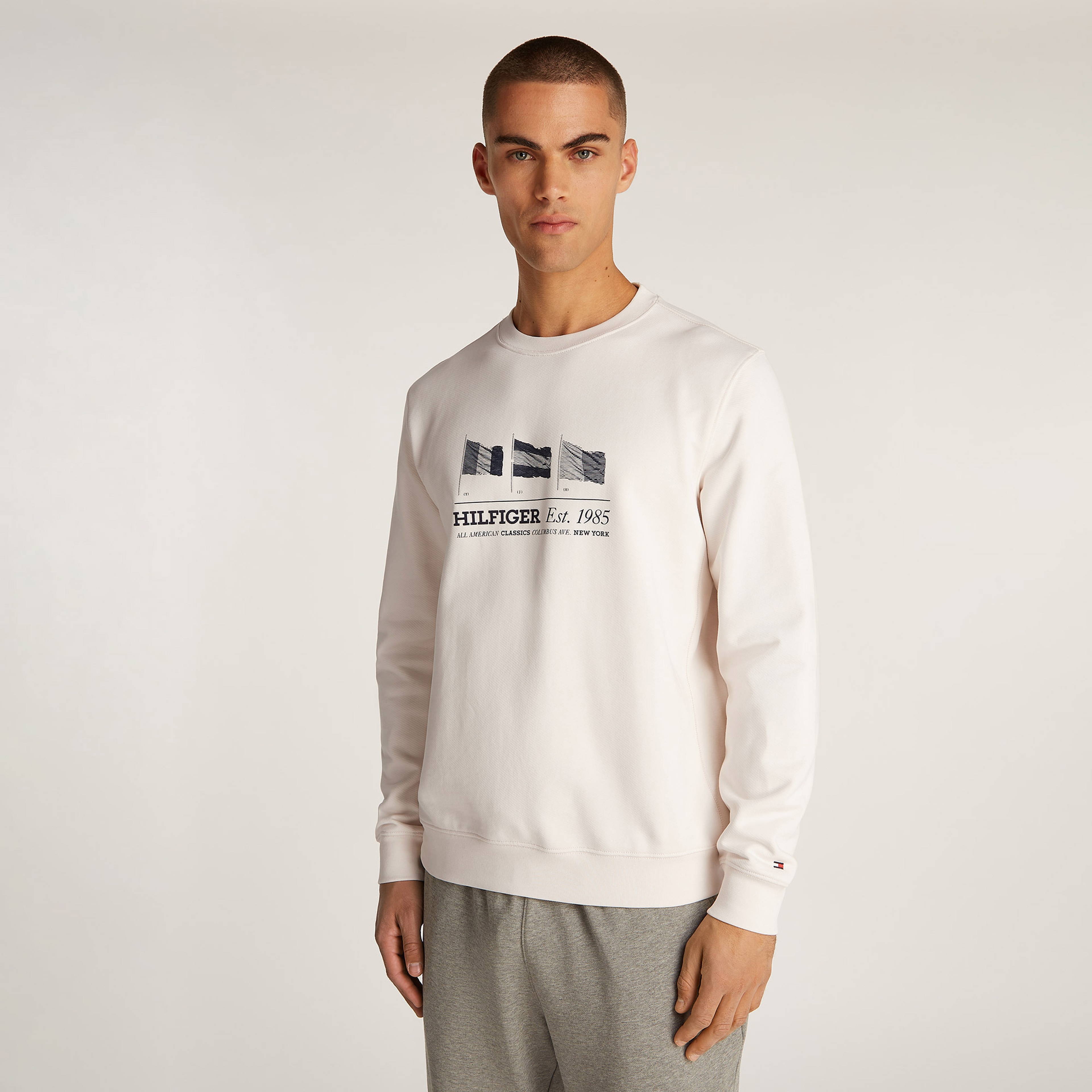 Tommy Hilfiger Flags Crewneck Erkek Kırık Beyaz Sweatshirt