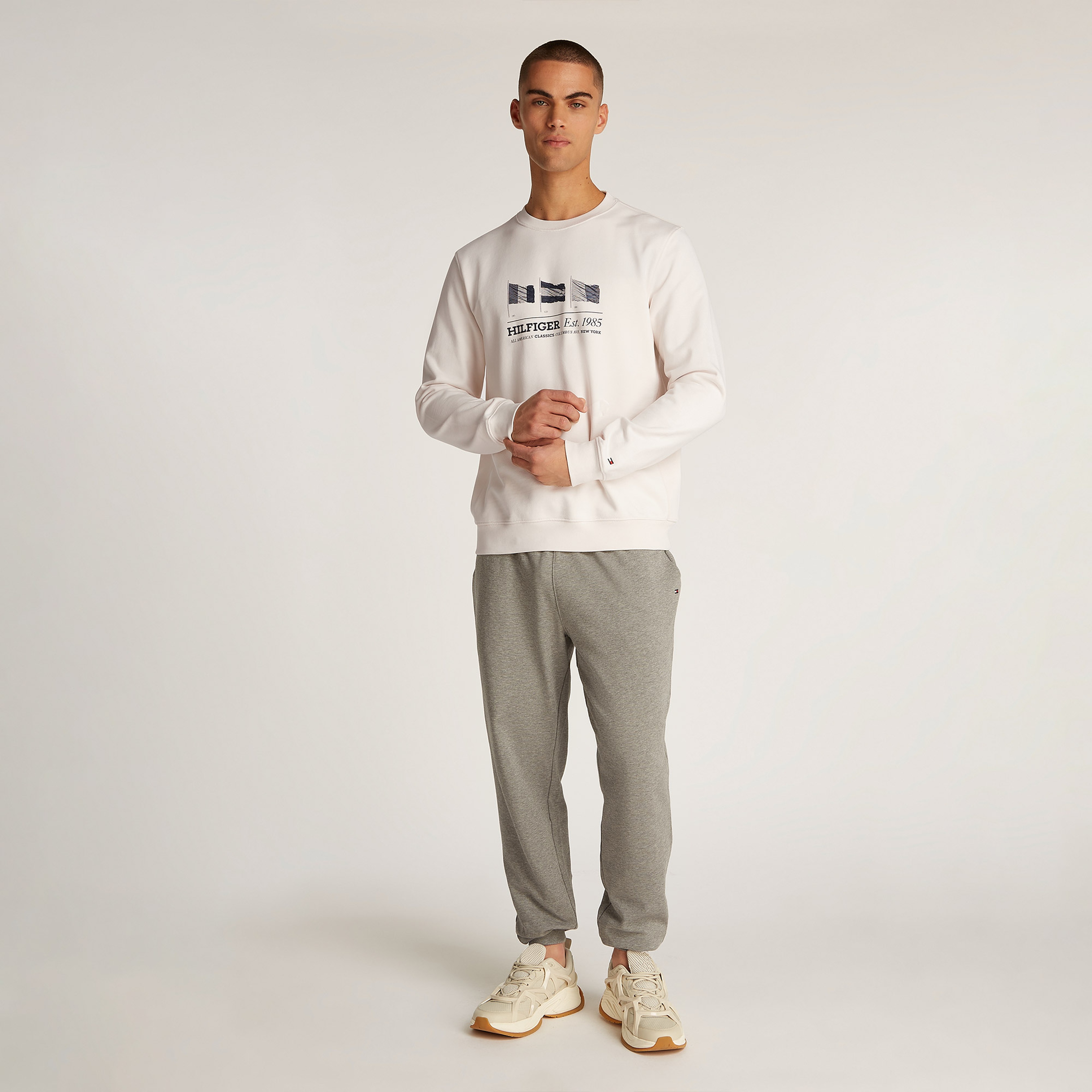 Tommy Hilfiger Flags Crewneck Erkek Kırık Beyaz Sweatshirt