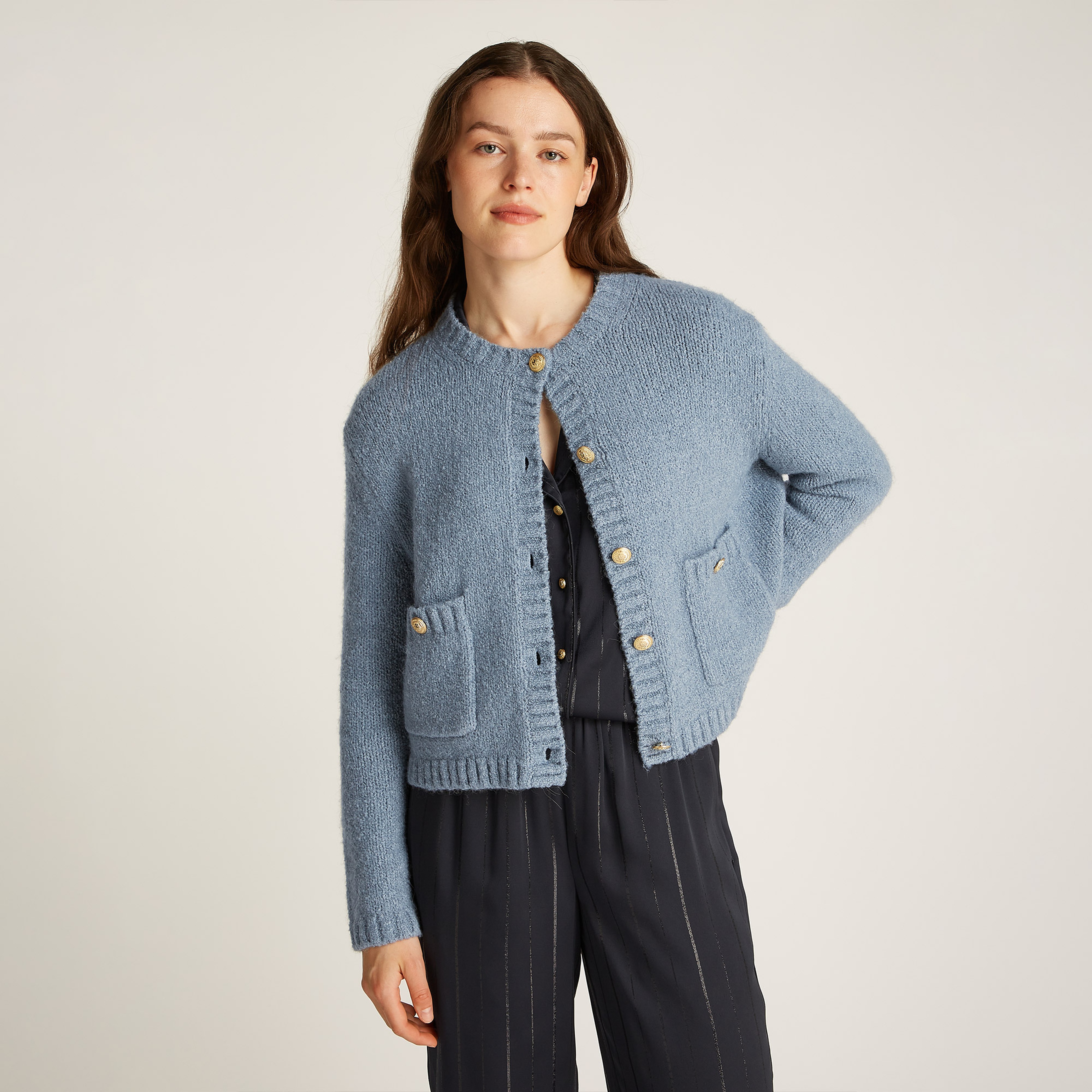 Tommy Hilfiger Textured Gold Button Lady Kadın Mavi Kazak