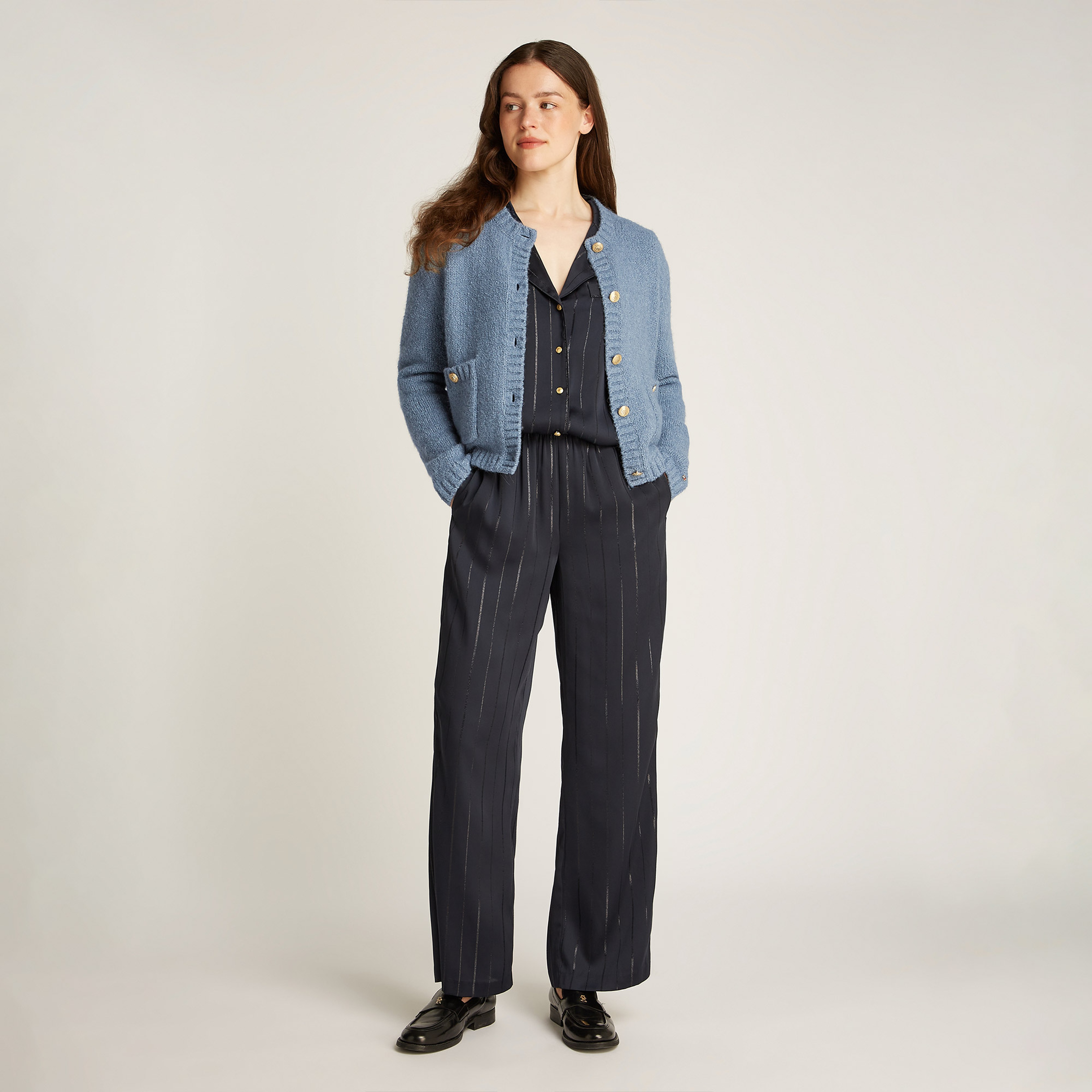 Tommy Hilfiger Textured Gold Button Lady Kadın Mavi Kazak