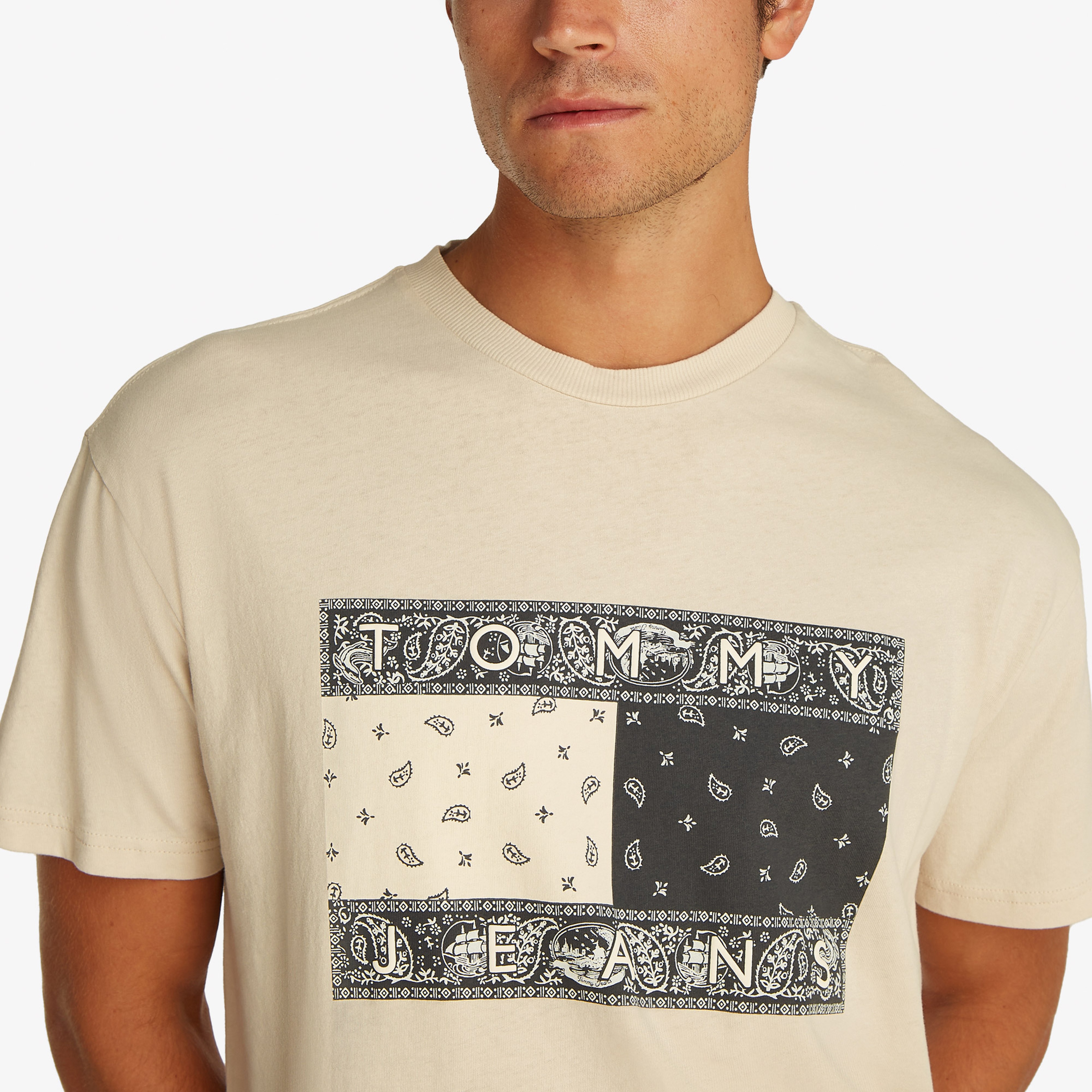 Tommy Jeans Relax Paisley Flag Erkek Bej T-Shirt