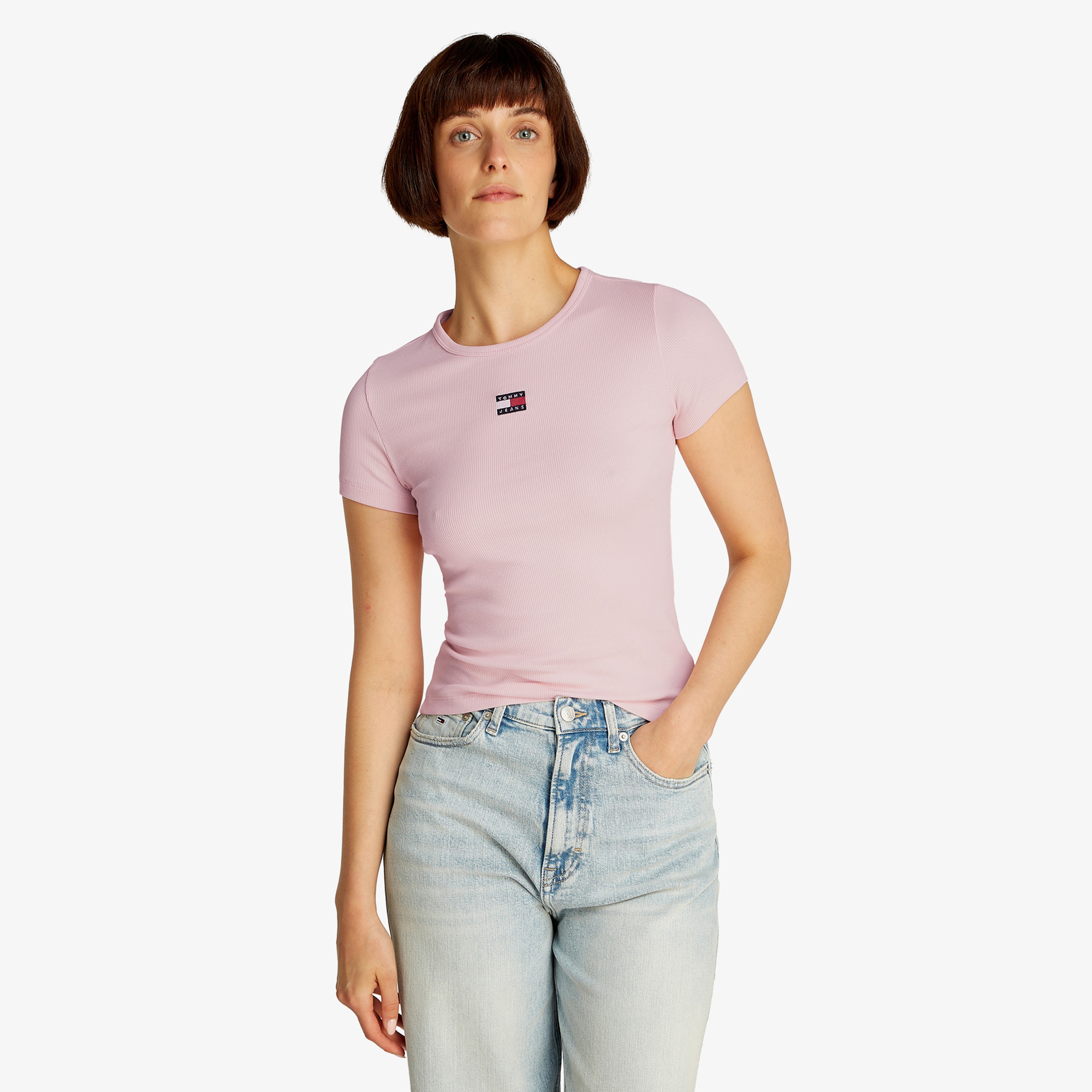 Tommy Jeans Slim Badge Rib Kadın Pembe T-Shirt