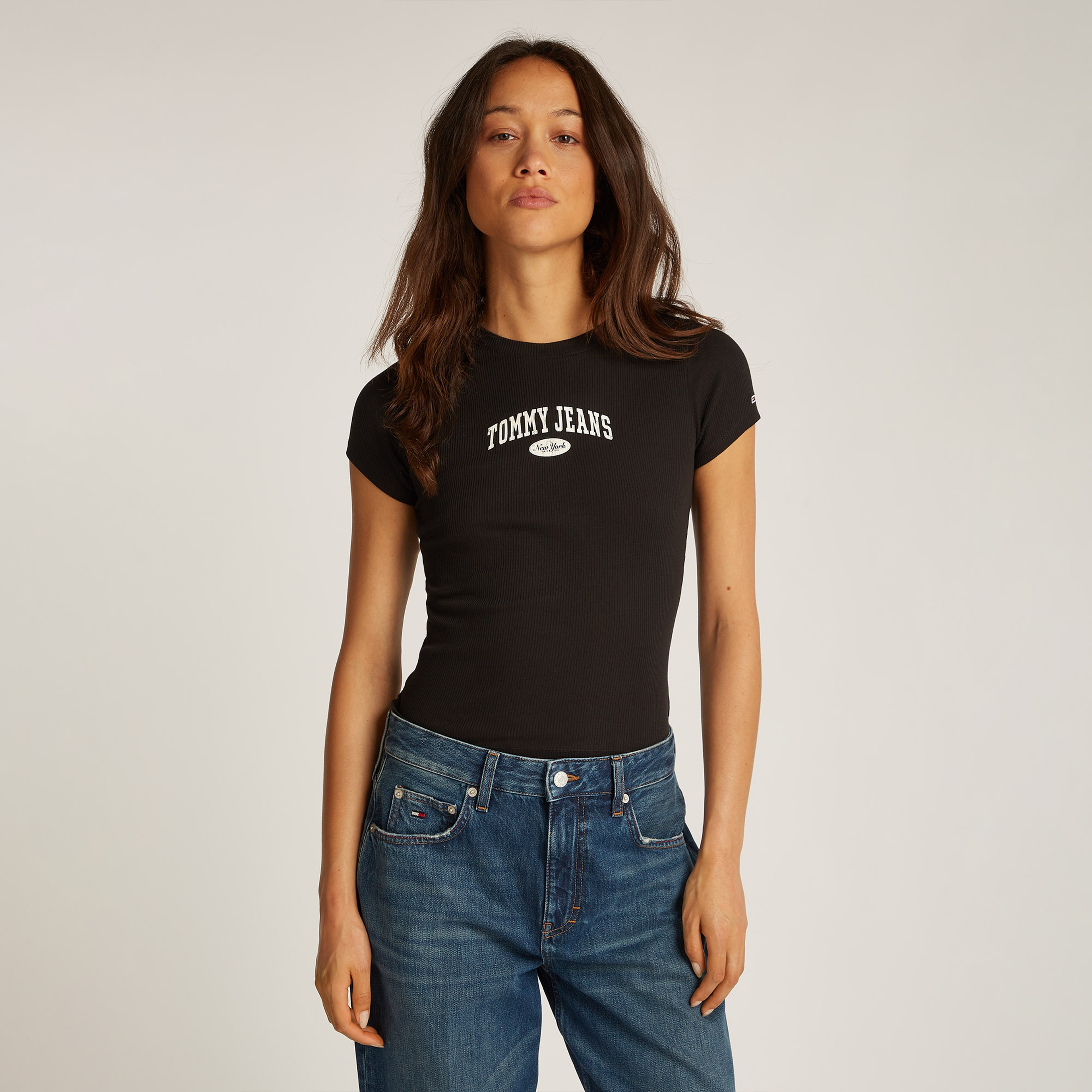 Tommy Jeans Slim Varsity Rib Ext Kadın Siyah T-Shirt