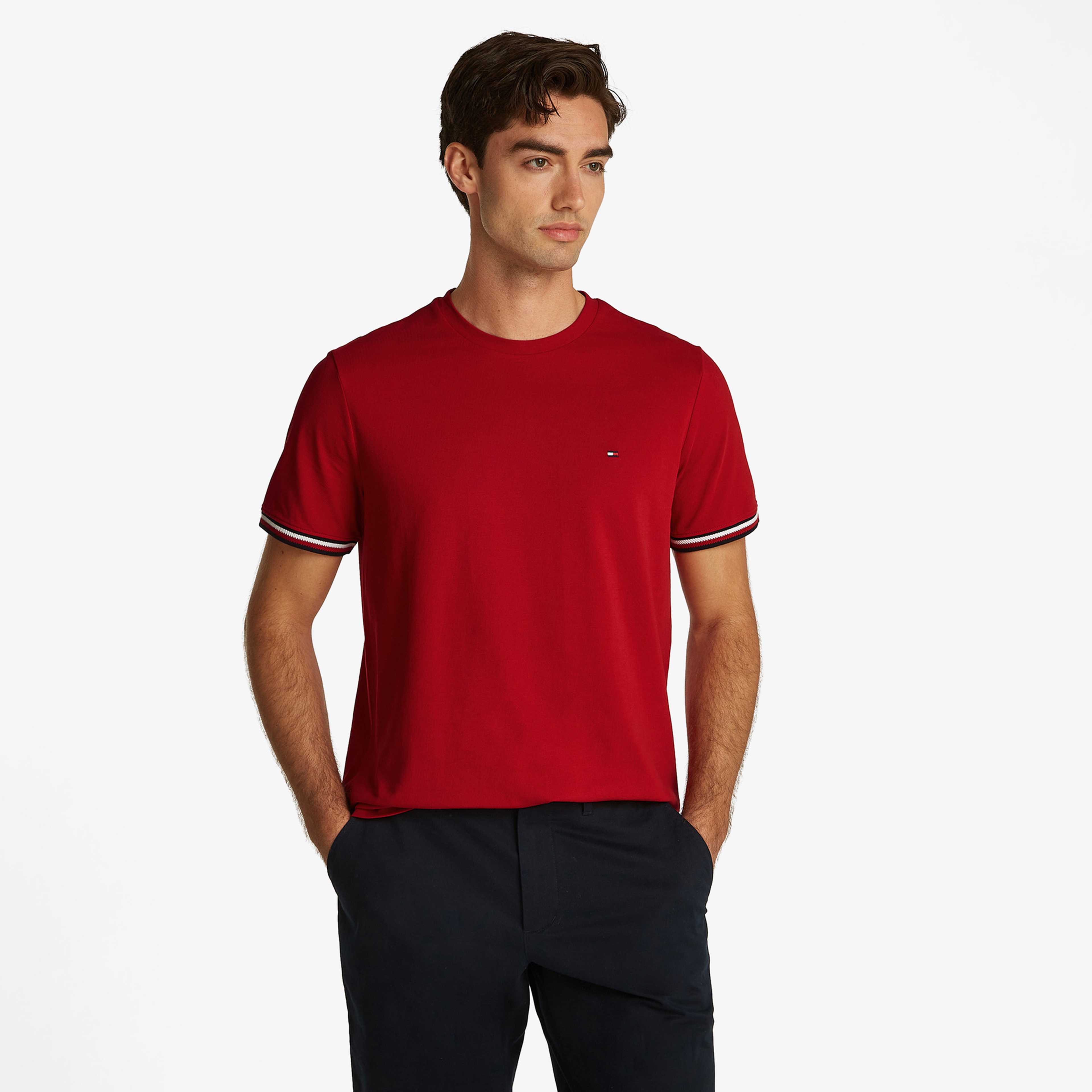 Tommy Hilfiger Global Stripe Cuff Erkek Kırmızı T-Shirt