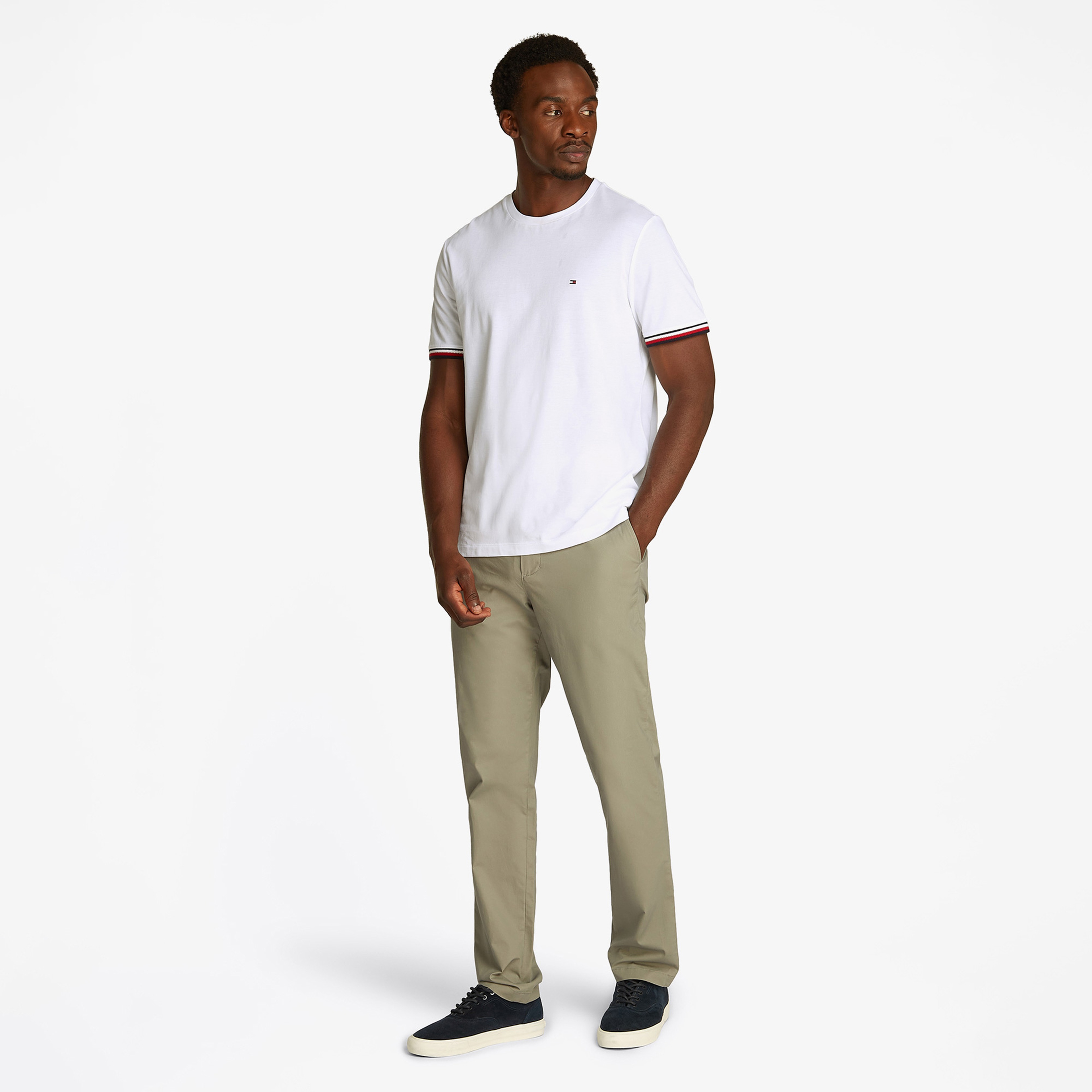 Tommy Hilfiger Global Stripe Cuff Erkek Beyaz T-Shirt