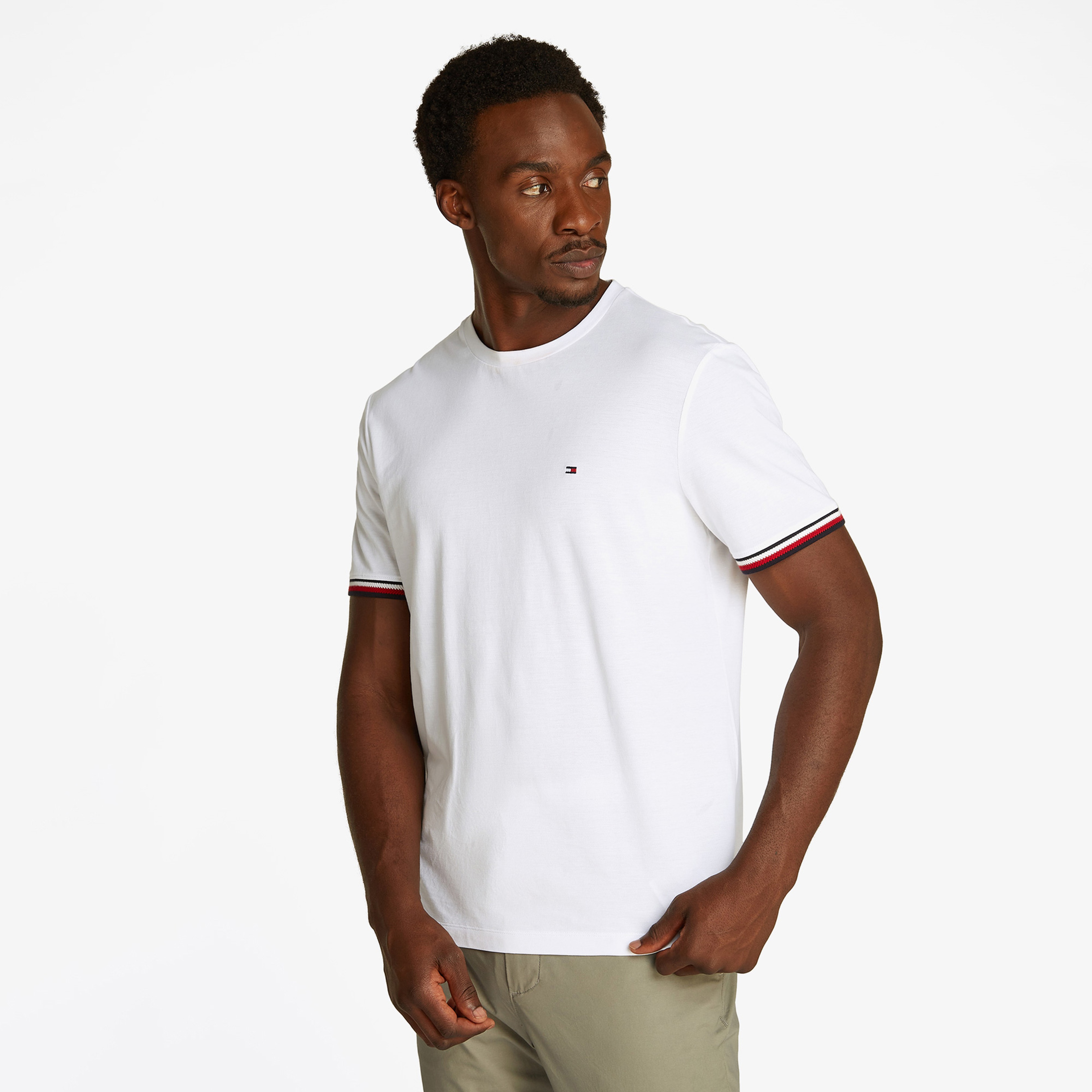 Tommy Hilfiger Global Stripe Cuff Erkek Beyaz T-Shirt