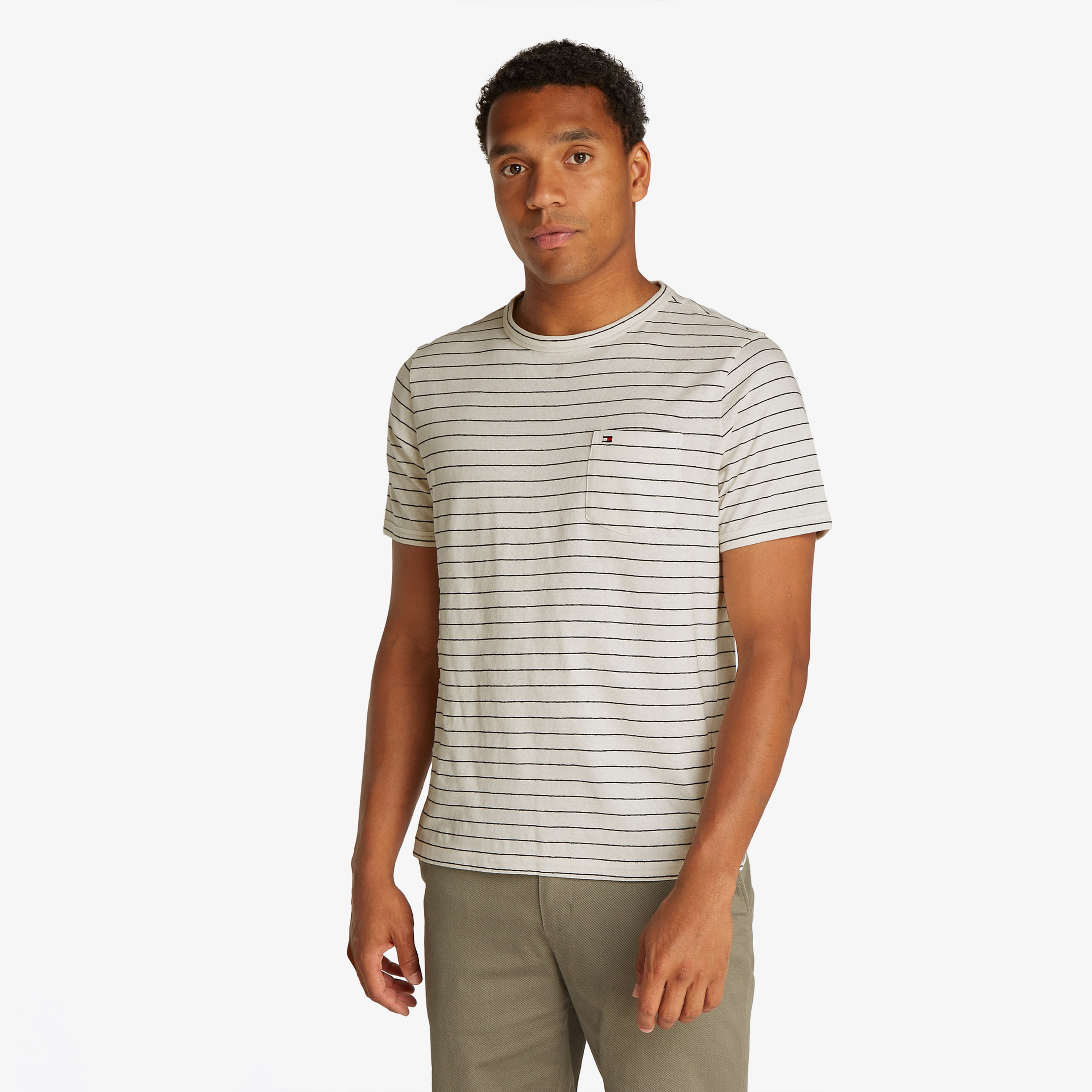 Tommy Hilfiger Cotton Linen Stripe Erkek Beyaz T-Shirt