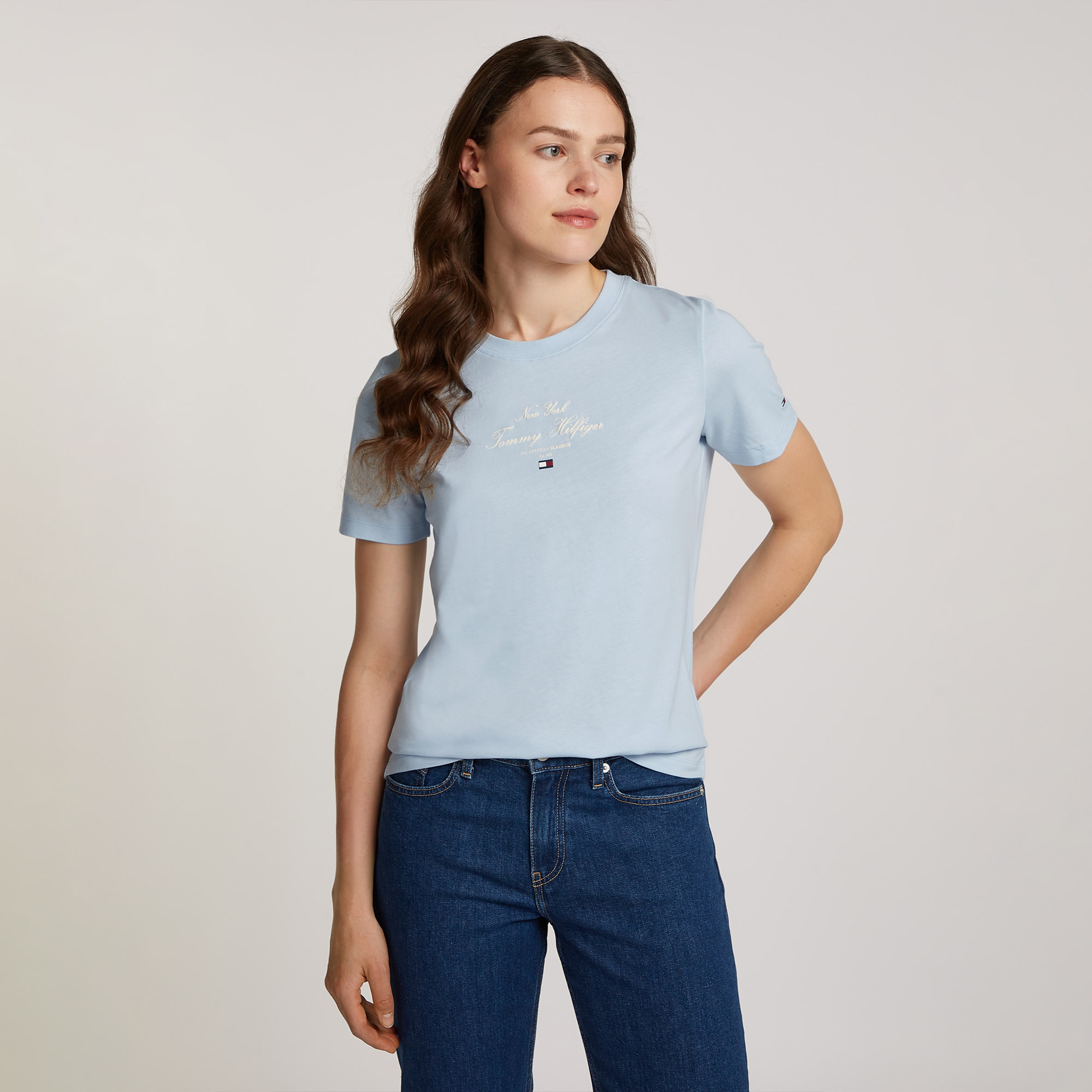 Tommy Hilfiger Reg Script C-Nk Kadın Mavi T-Shirt