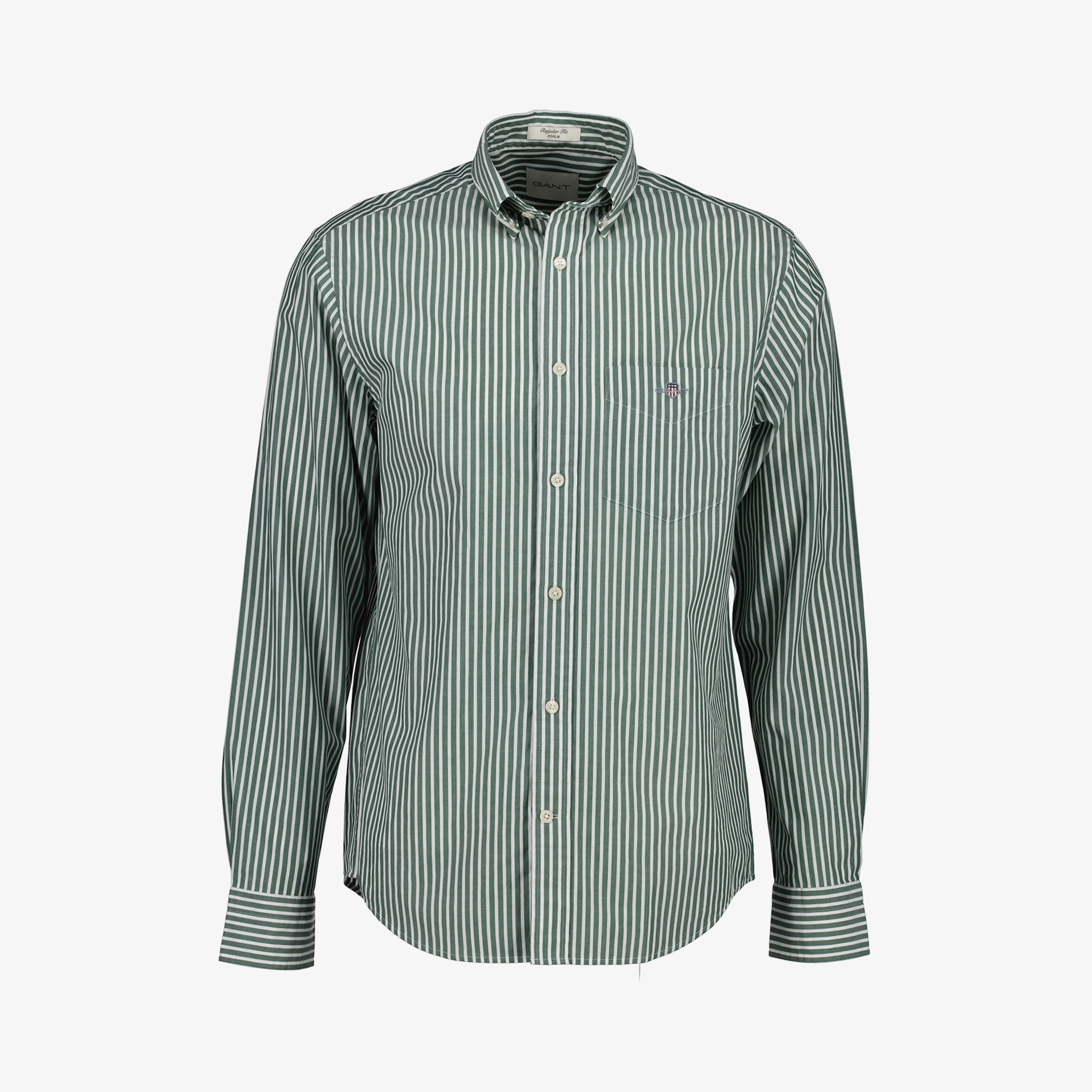 GANT Erkek Yeşil Regular Fit Düğmeli Yaka Çizgili Poplin Gömlek