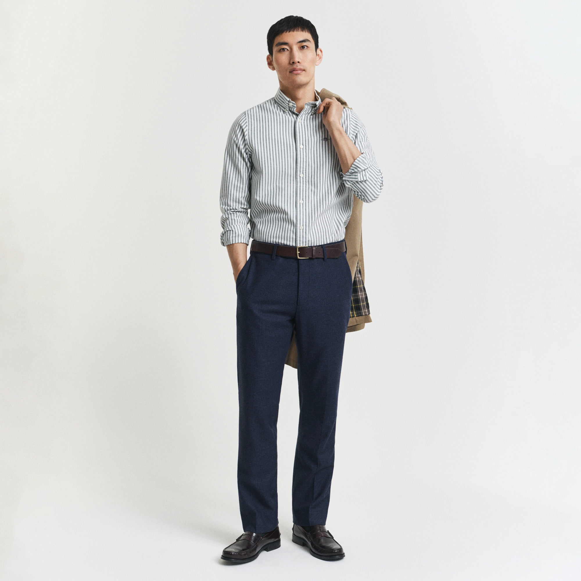 GANT Erkek Yeşil Slim Fit Düğmeli Yaka Çizgili Oxford Gömlek