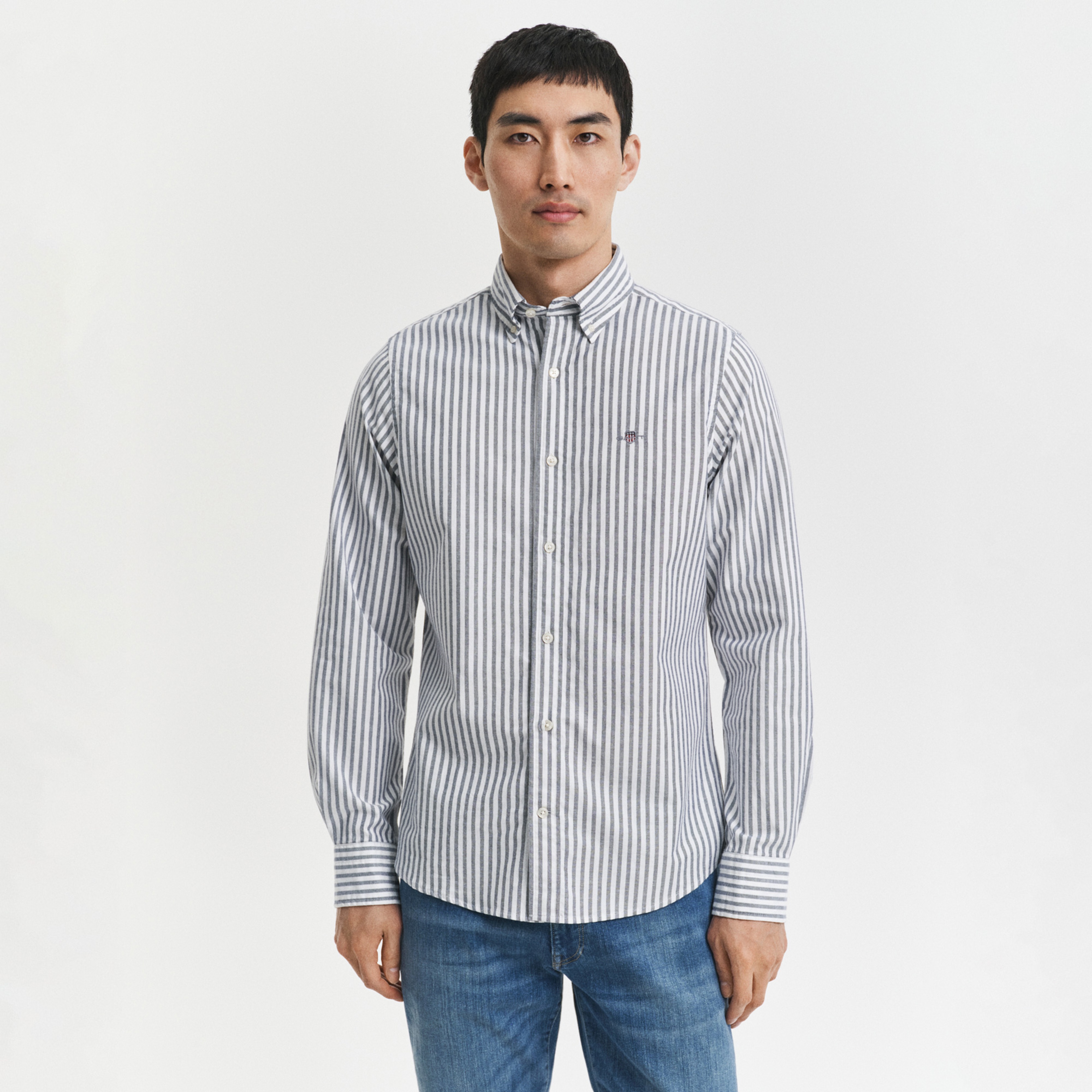 GANT Erkek Mavi Slim Fit Düğmeli Yaka Çizgili Oxford Gömlek