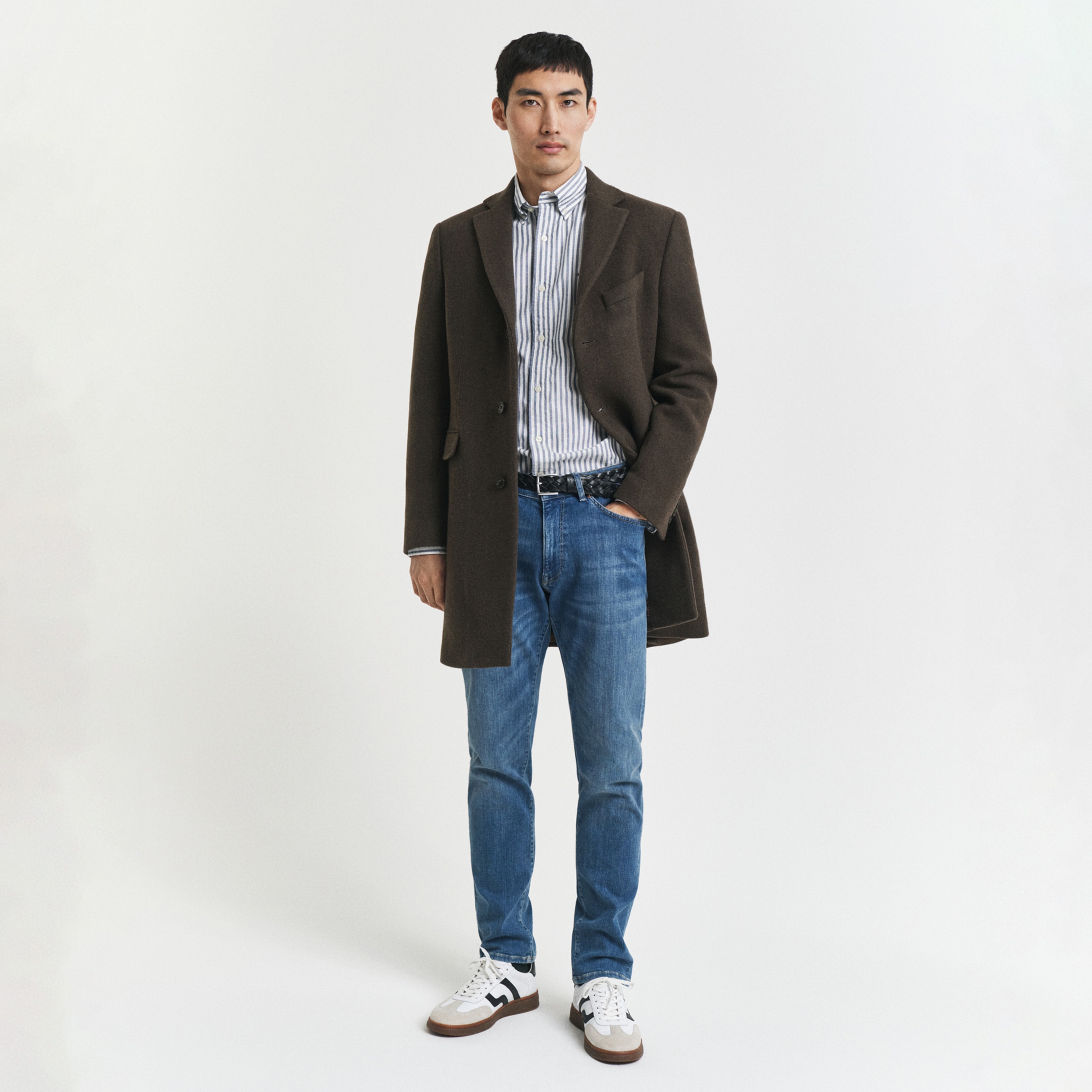 GANT Erkek Mavi Slim Fit Düğmeli Yaka Çizgili Oxford Gömlek
