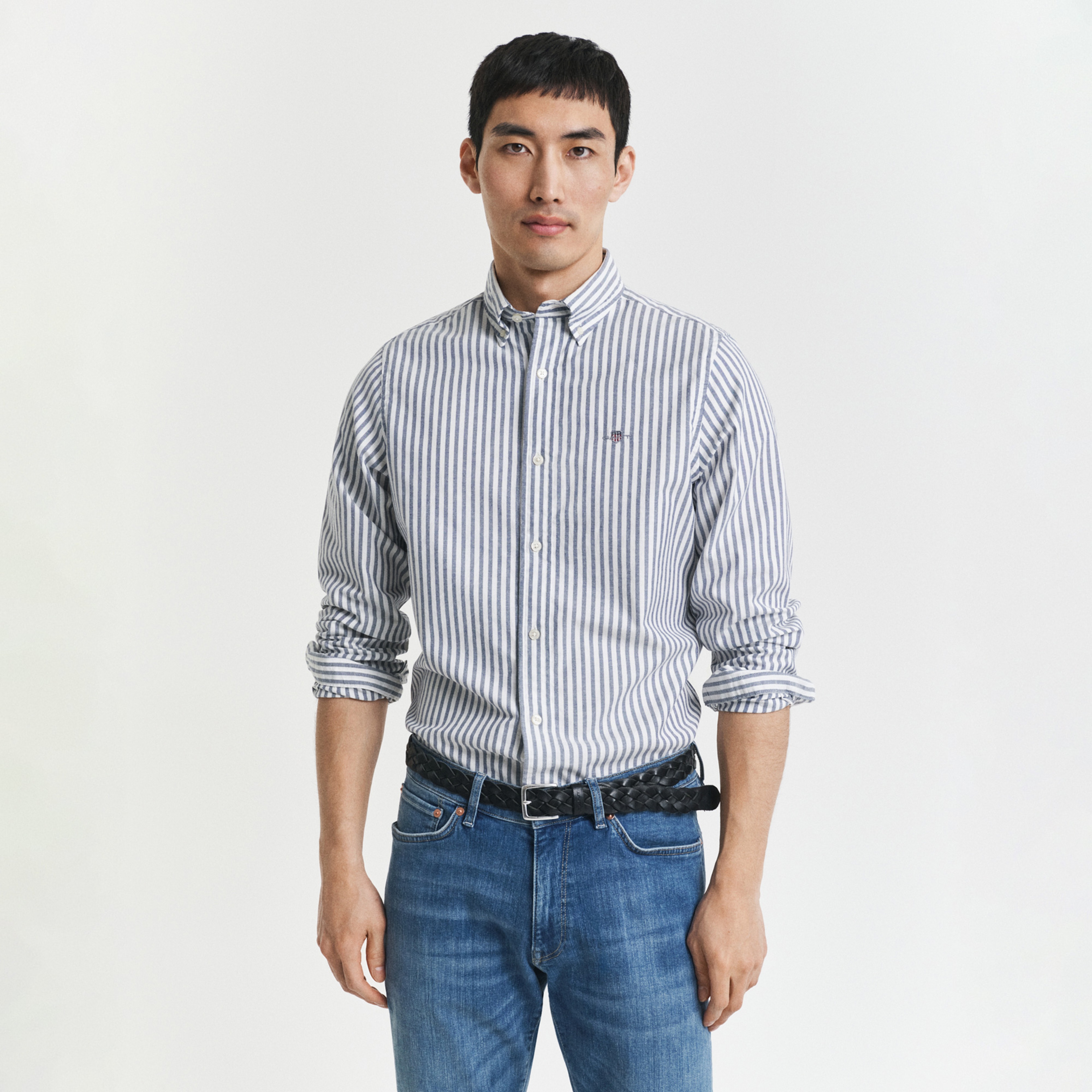 GANT Erkek Mavi Slim Fit Düğmeli Yaka Çizgili Oxford Gömlek