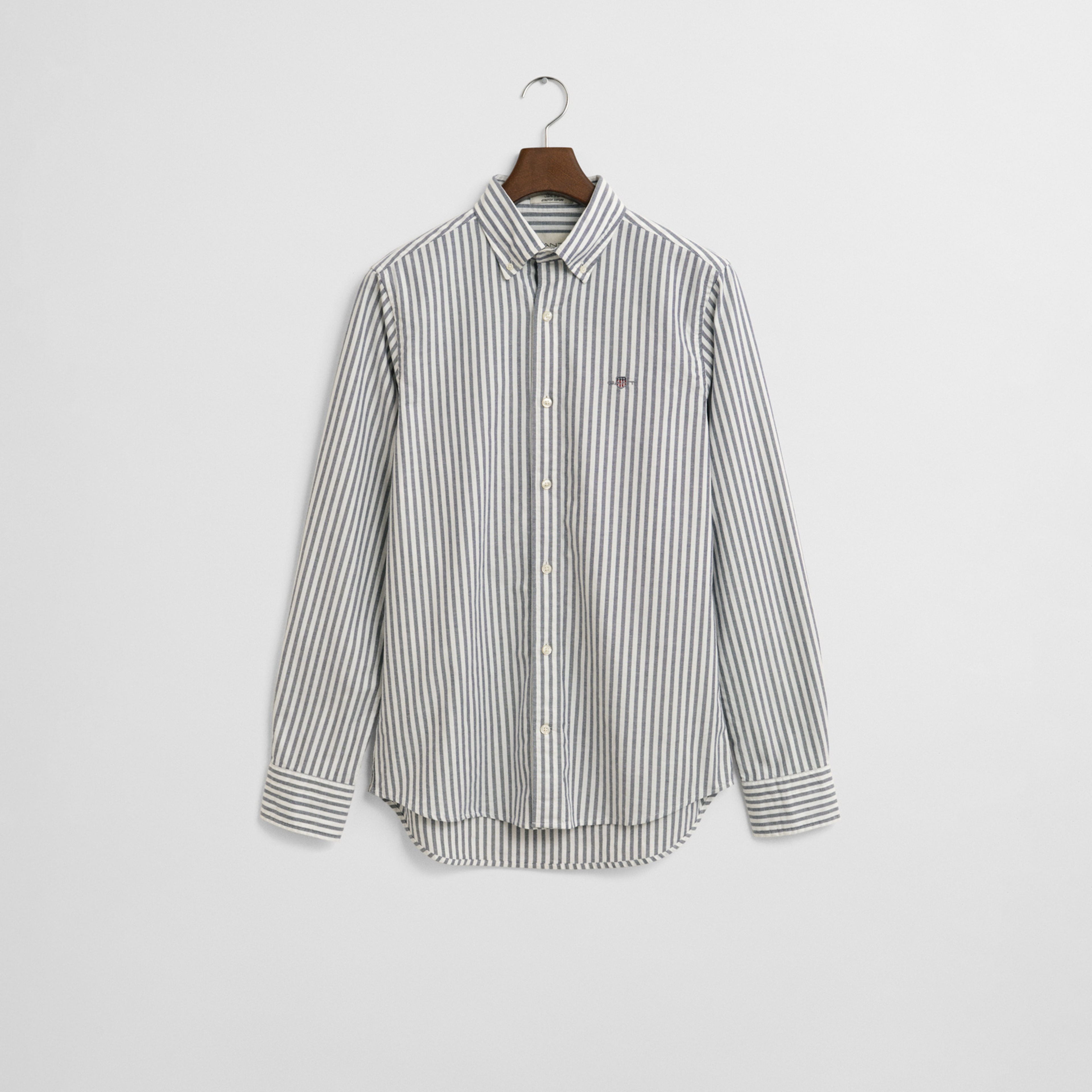 GANT Erkek Mavi Slim Fit Düğmeli Yaka Çizgili Oxford Gömlek