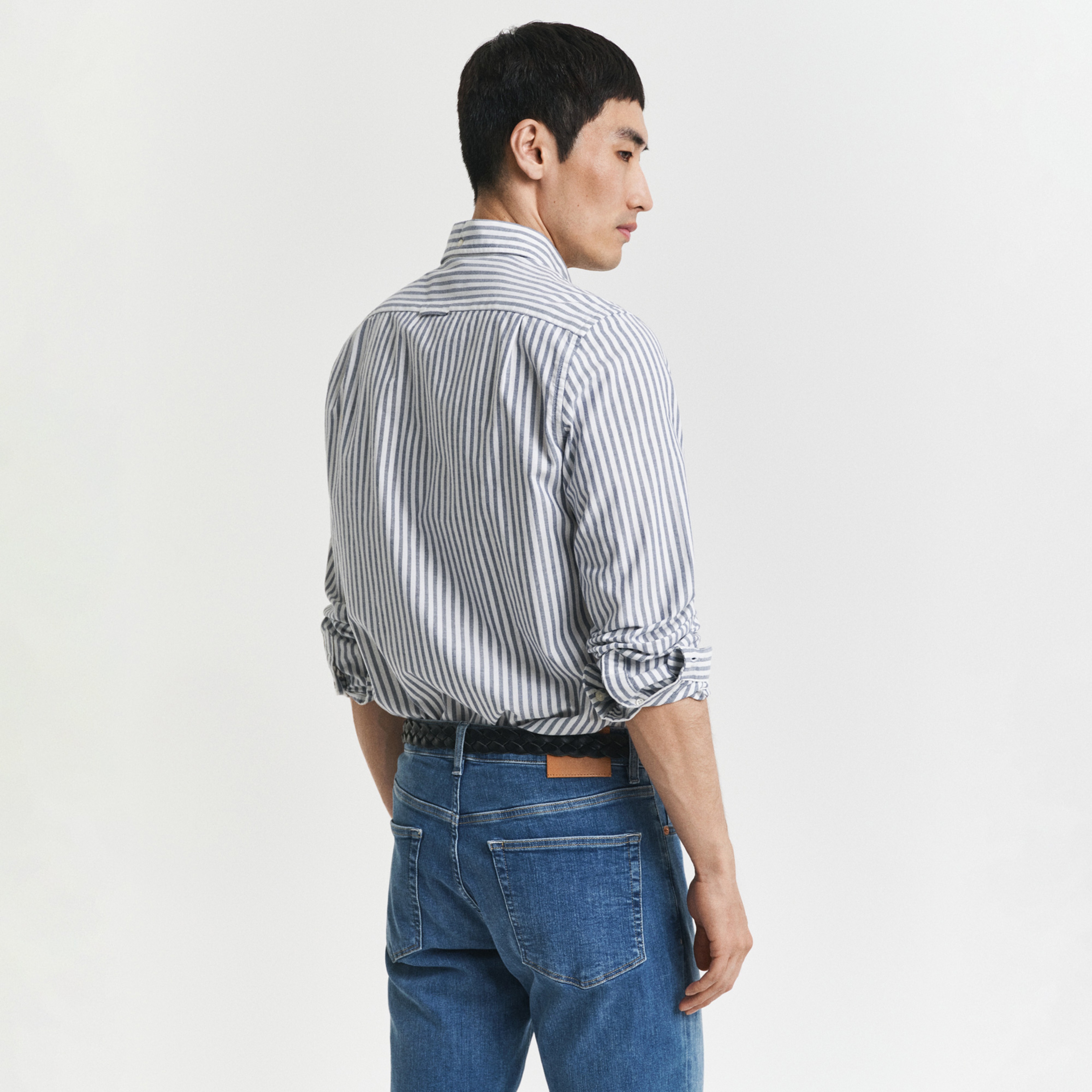 GANT Erkek Mavi Slim Fit Düğmeli Yaka Çizgili Oxford Gömlek