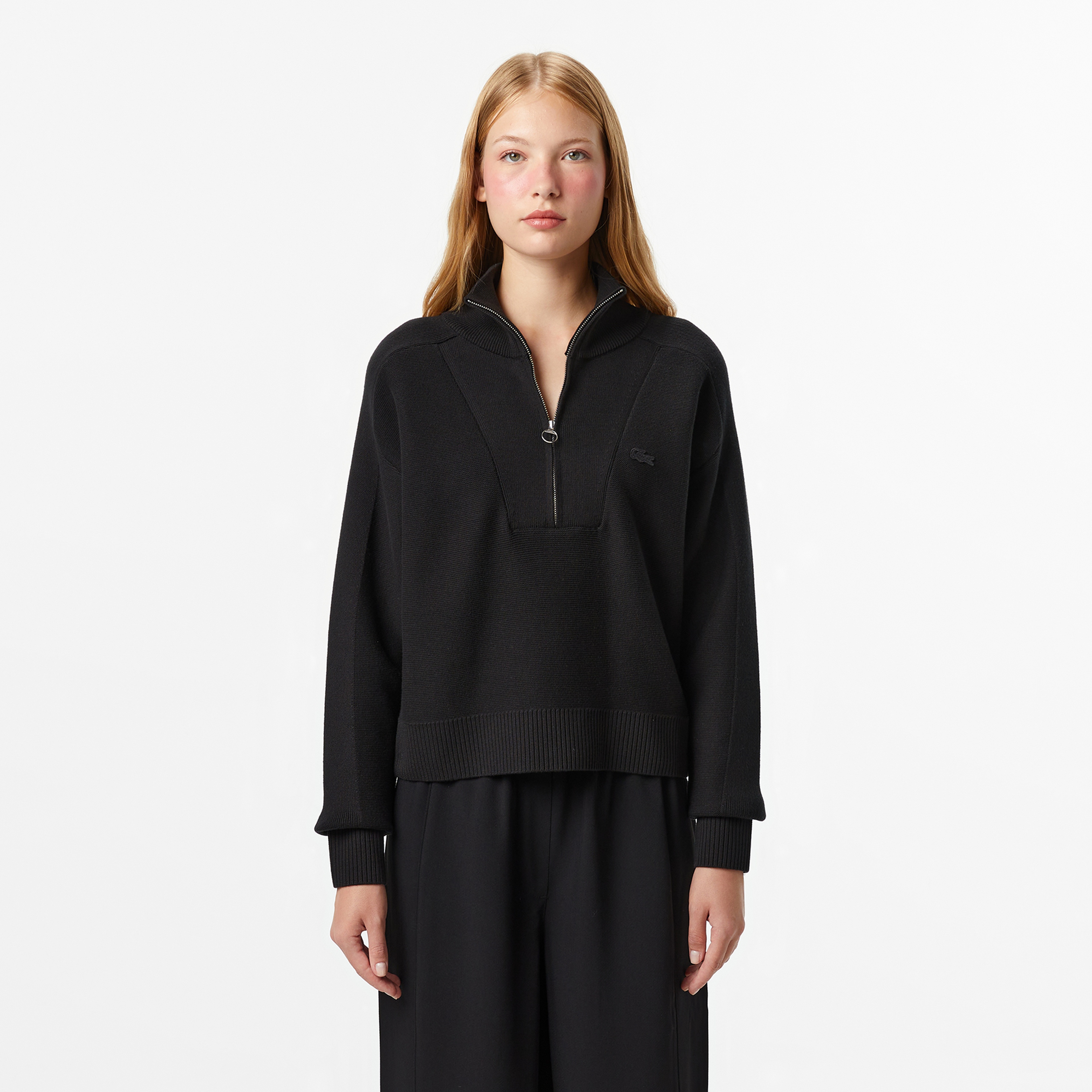 Kadın Classic Fit Yarım Fermuarlı Siyah Kazak