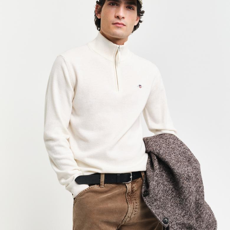 GANT Erkek Krem Regular Fit Yarım Fermuarlı Yün Kazak