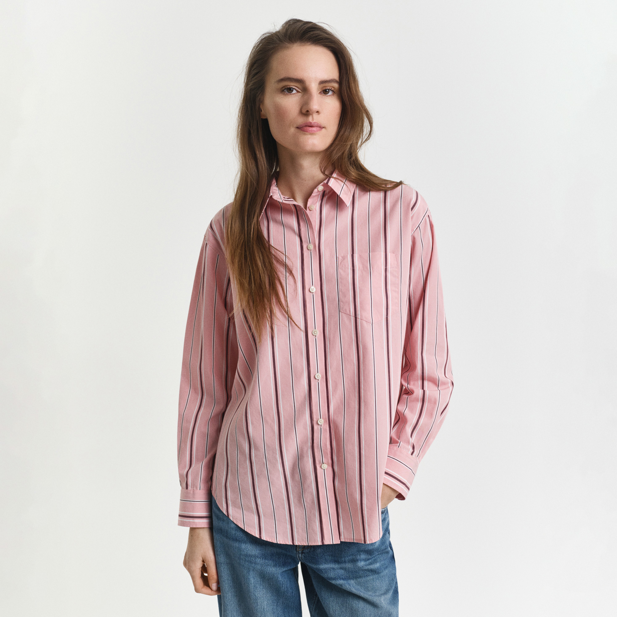 GANT Kadın Pembe Relaxed Fit Klasik Yaka Çizgili Gömlek