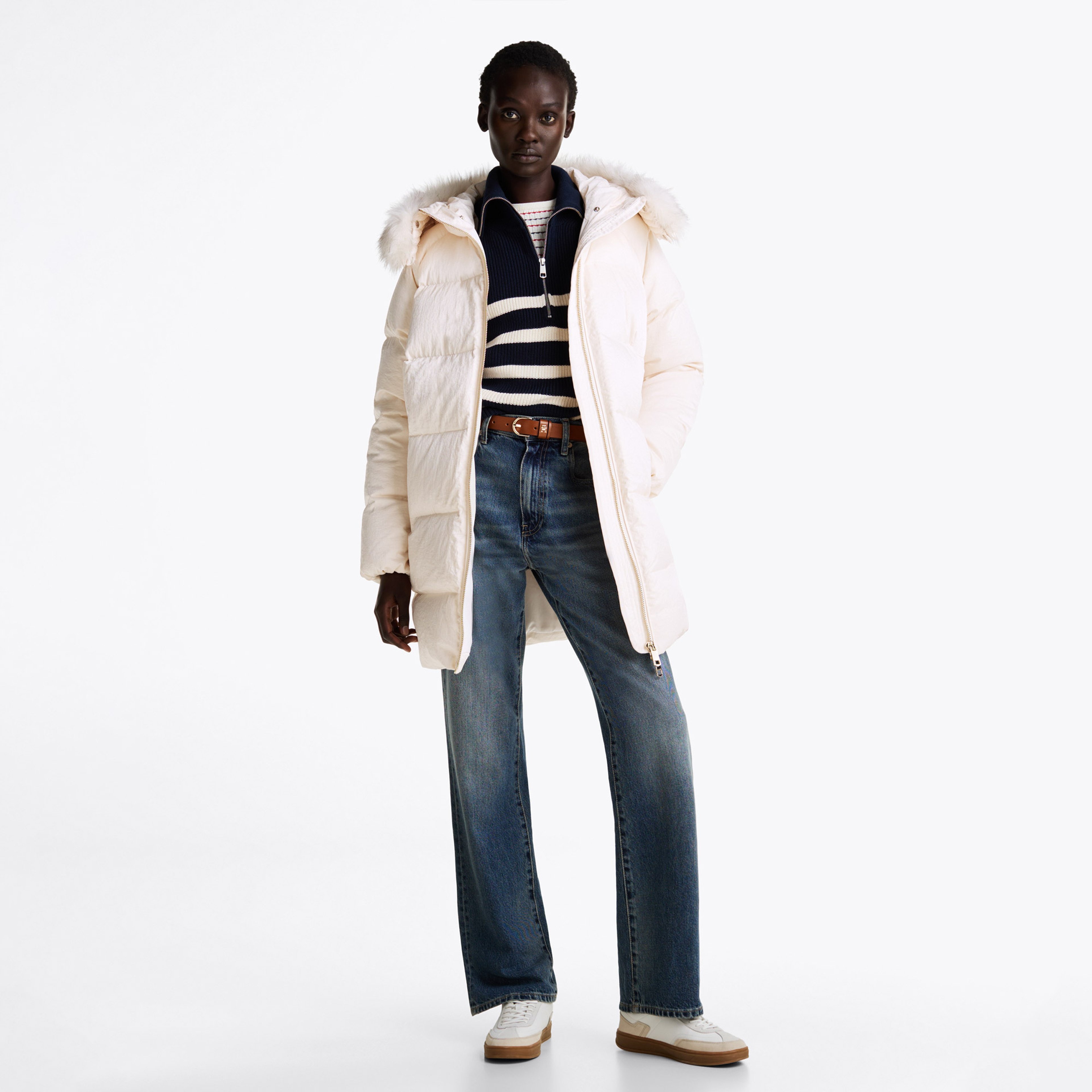 Tommy Hilfiger Down Shımmer Wıth Fur Kadın Beyaz Mont