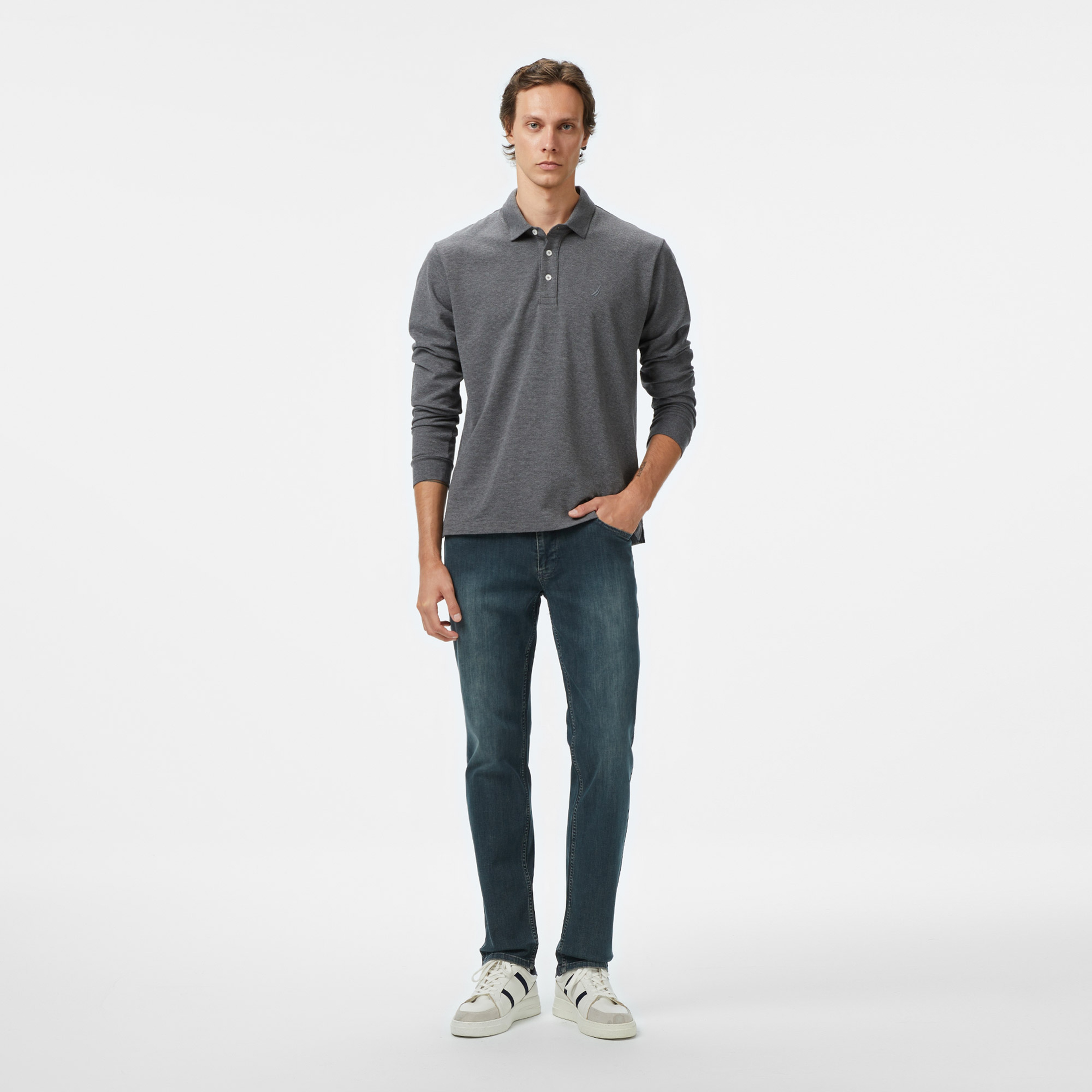Nautica Classic Fit Erkek Uzun Kollu Polo Yaka Gri T-shirt