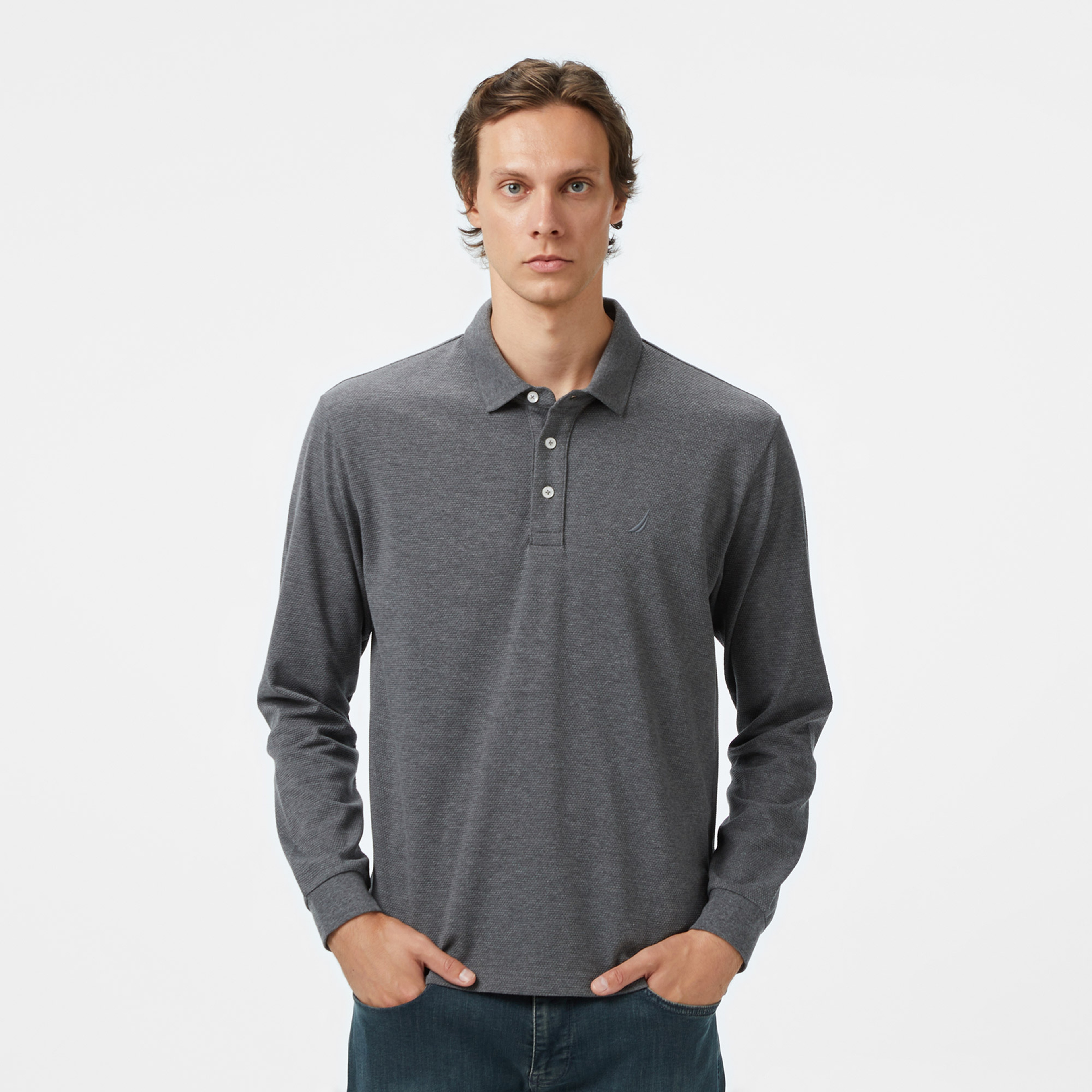 Nautica Classic Fit Erkek Uzun Kollu Polo Yaka Gri T-shirt