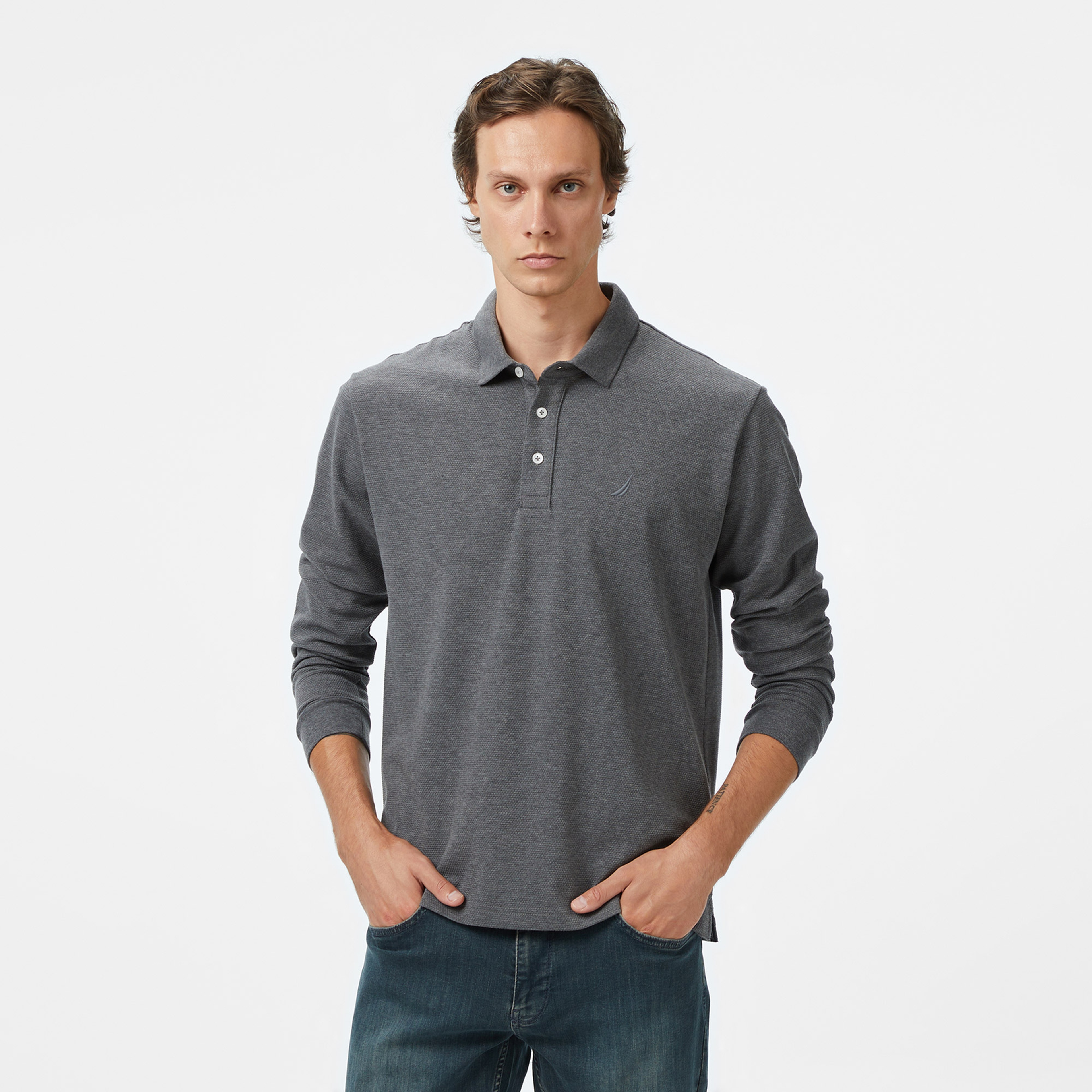 Nautica Classic Fit Erkek Uzun Kollu Polo Yaka Gri T-shirt