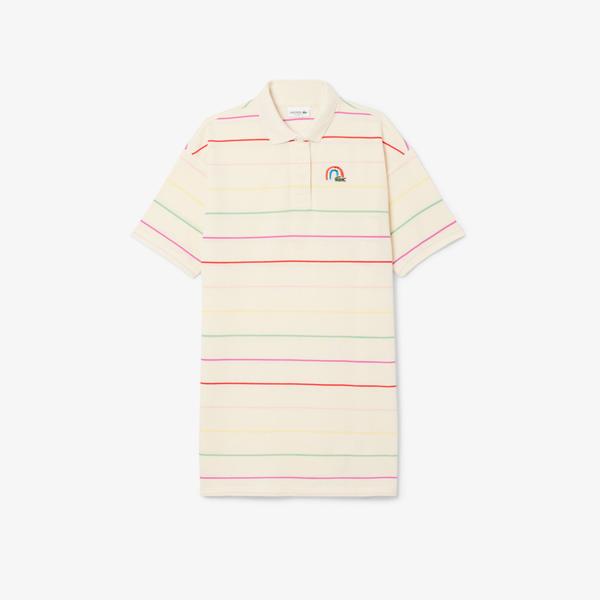 Kız Çocuk Kısa Kollu Polo Yaka Çizgili Krem Elbise