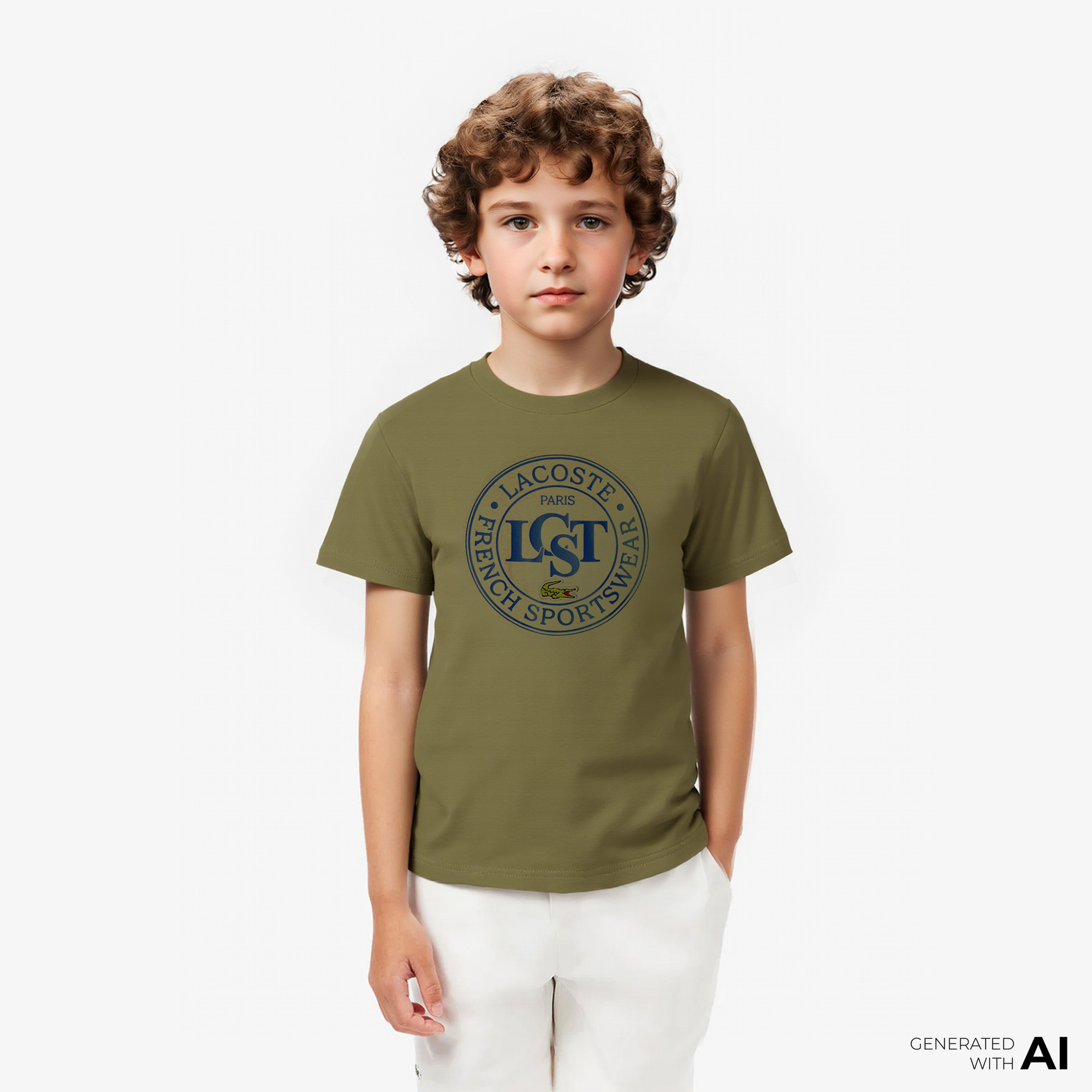 Çocuk Bisiklet Yaka Baskılı Haki T-Shirt