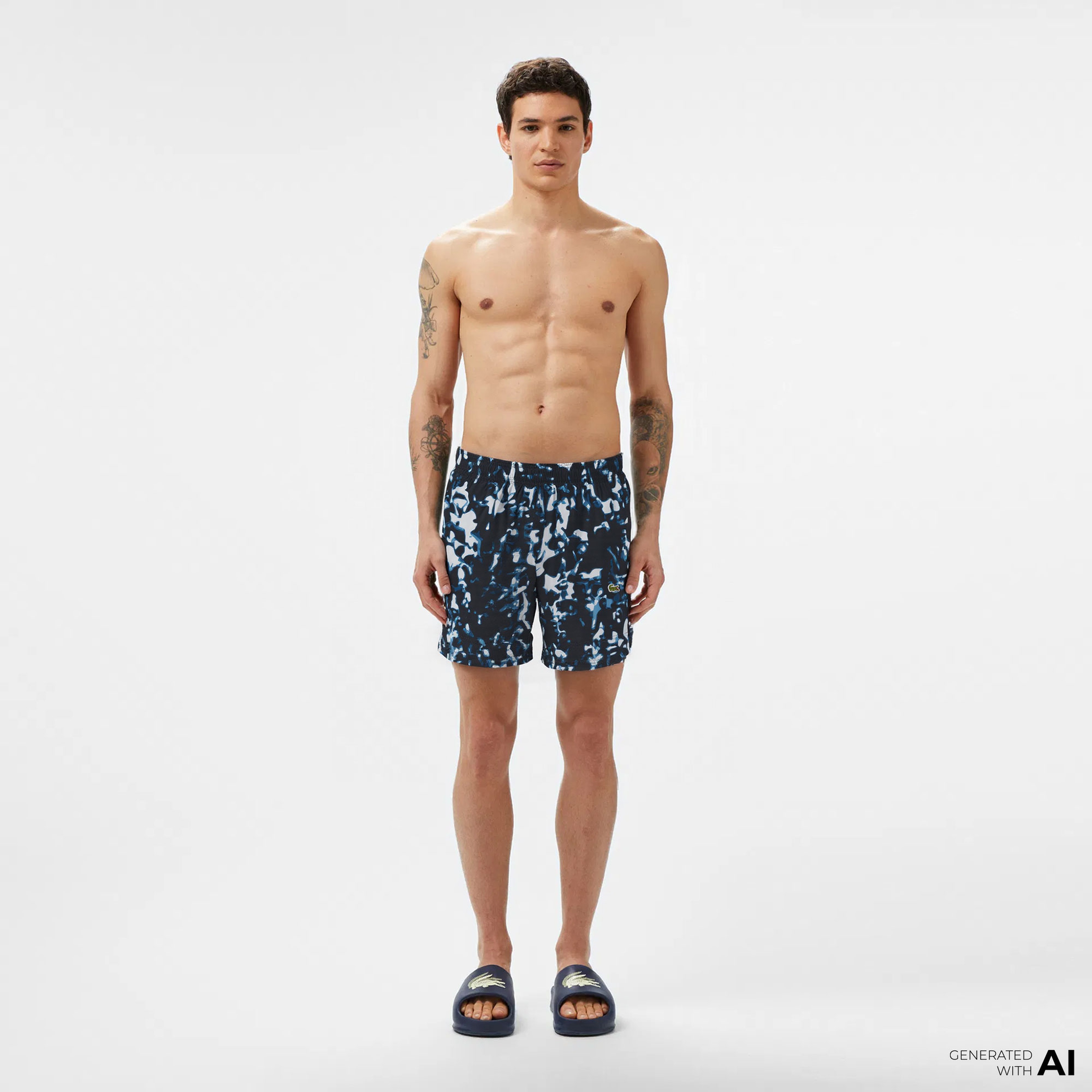 Lacoste Desenli Erkek Lacivert Deniz Şortu