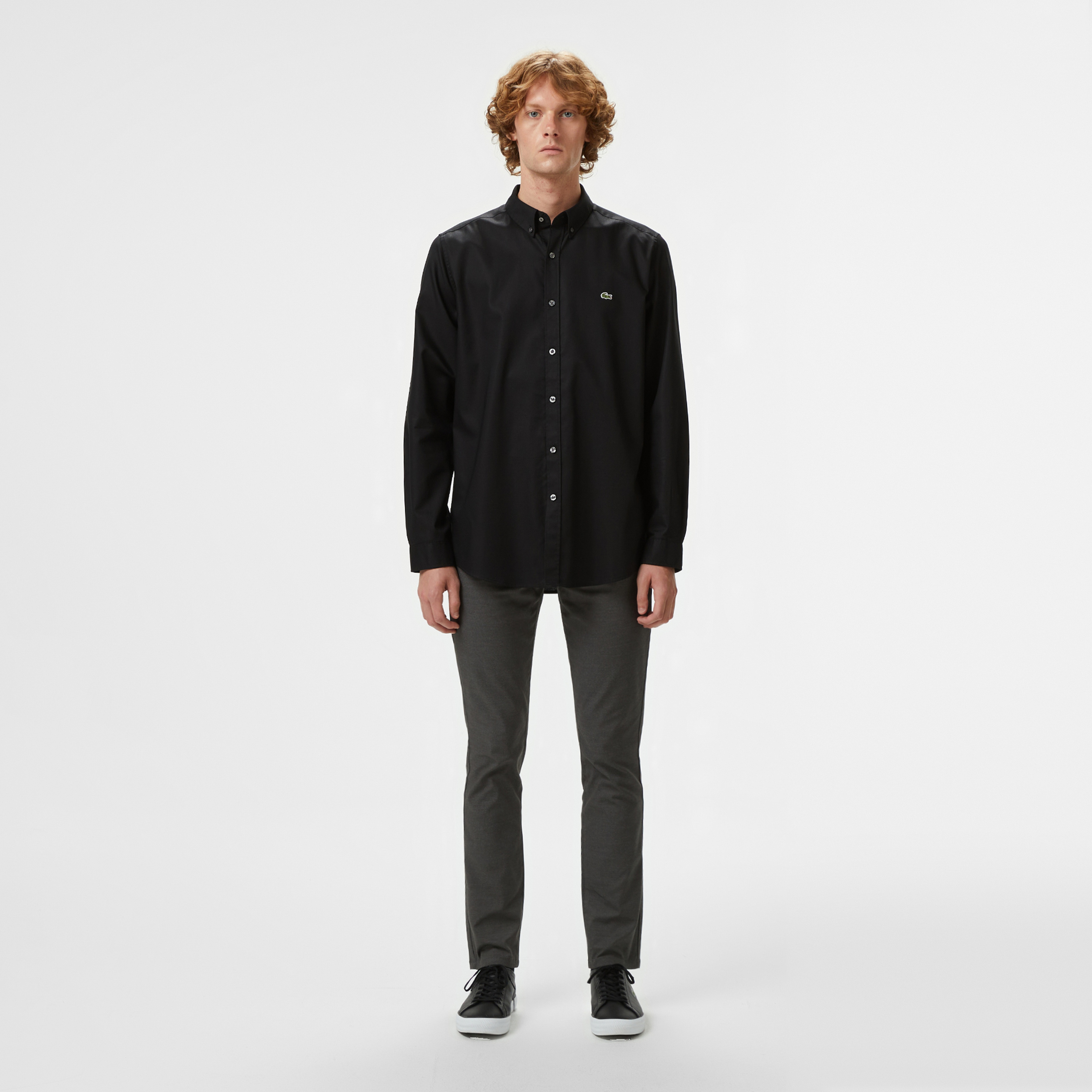 Erkek Slim Fit Düğmeli Yaka Siyah Gömlek