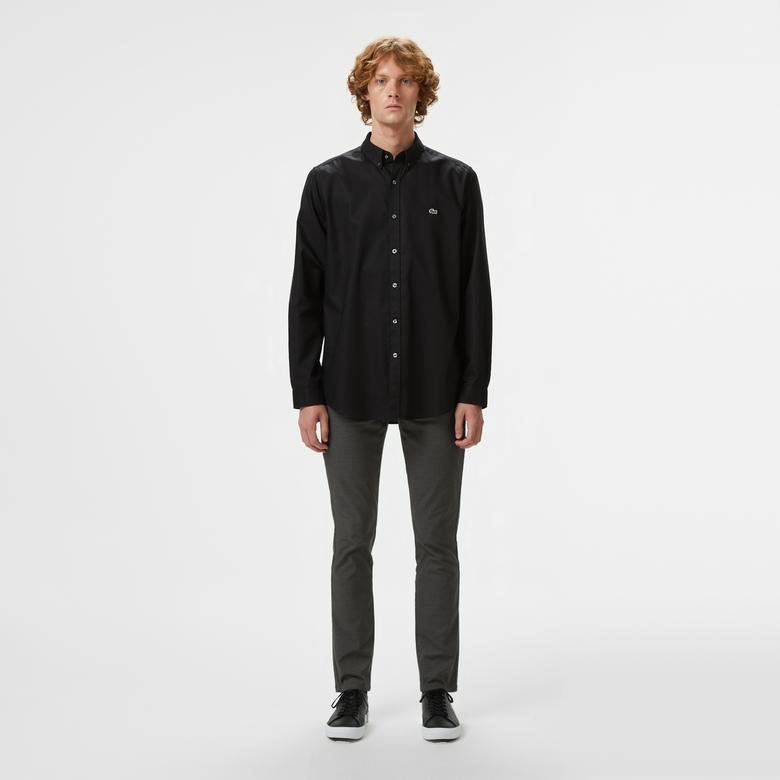 Erkek Slim Fit Düğmeli Yaka Siyah Gömlek