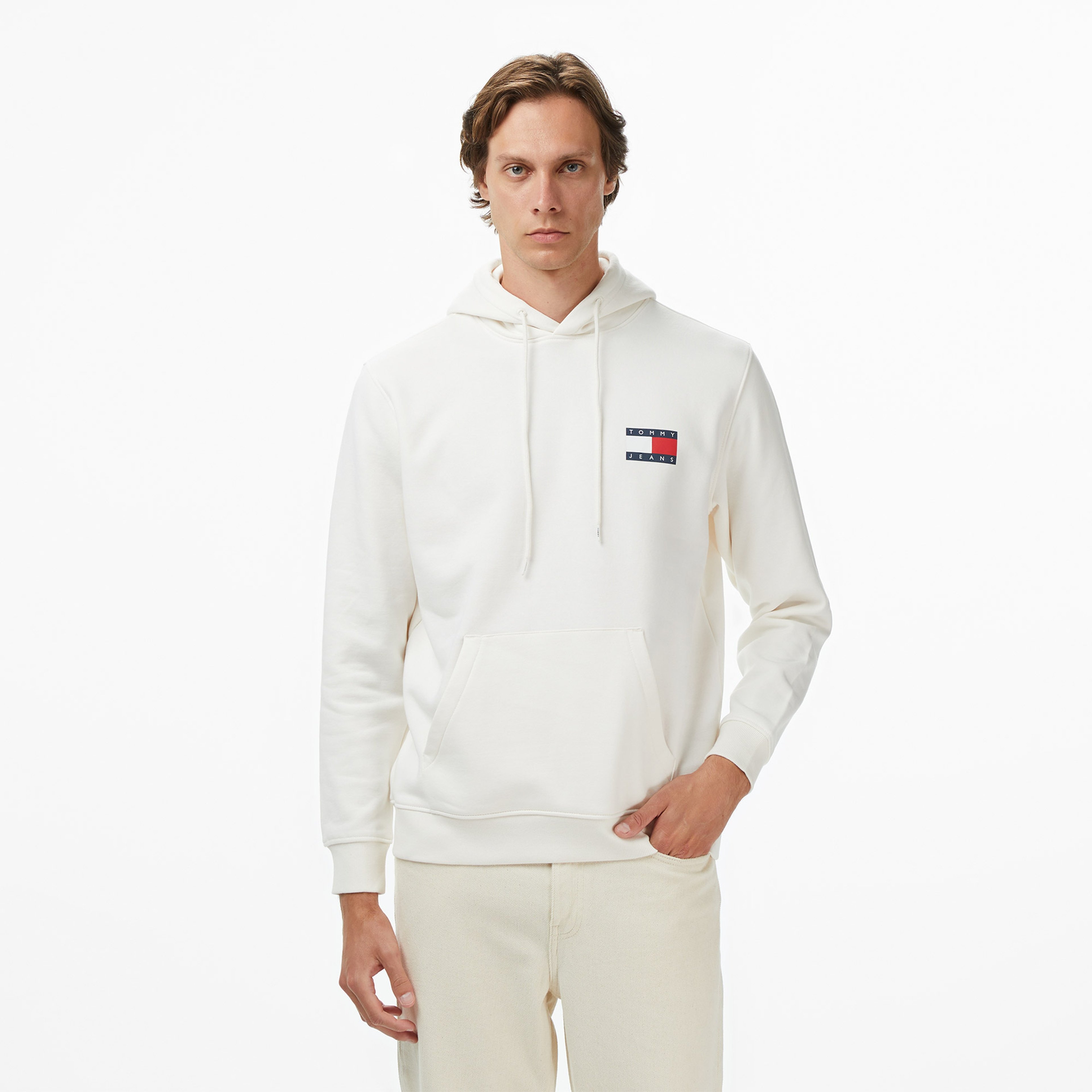 Tommy Jeans Regular Essential Flag Erkek Beyaz Hoodie