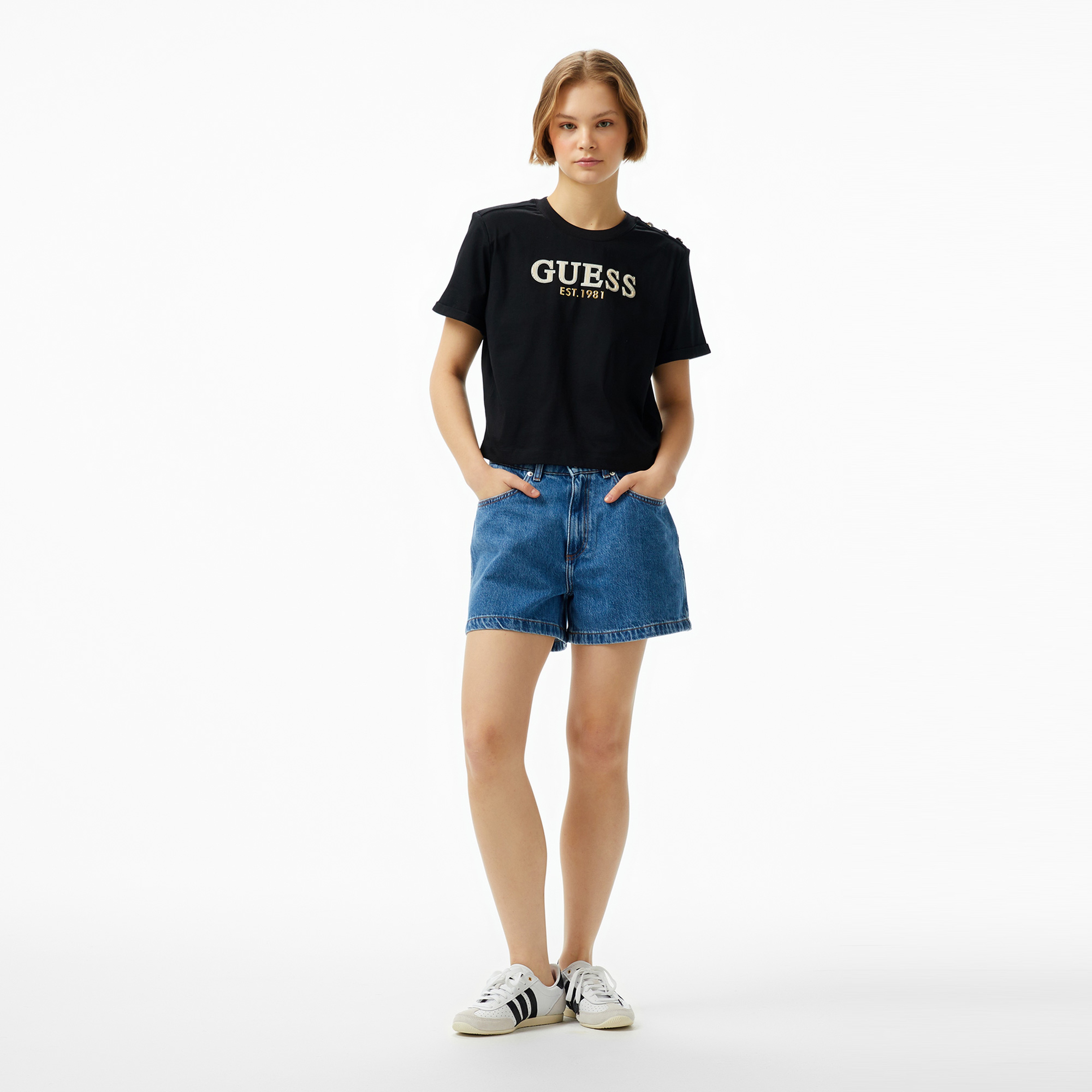 Guess Cropped Washed Mid Organic Heavy 205 Kadın Siyah T-Shirt