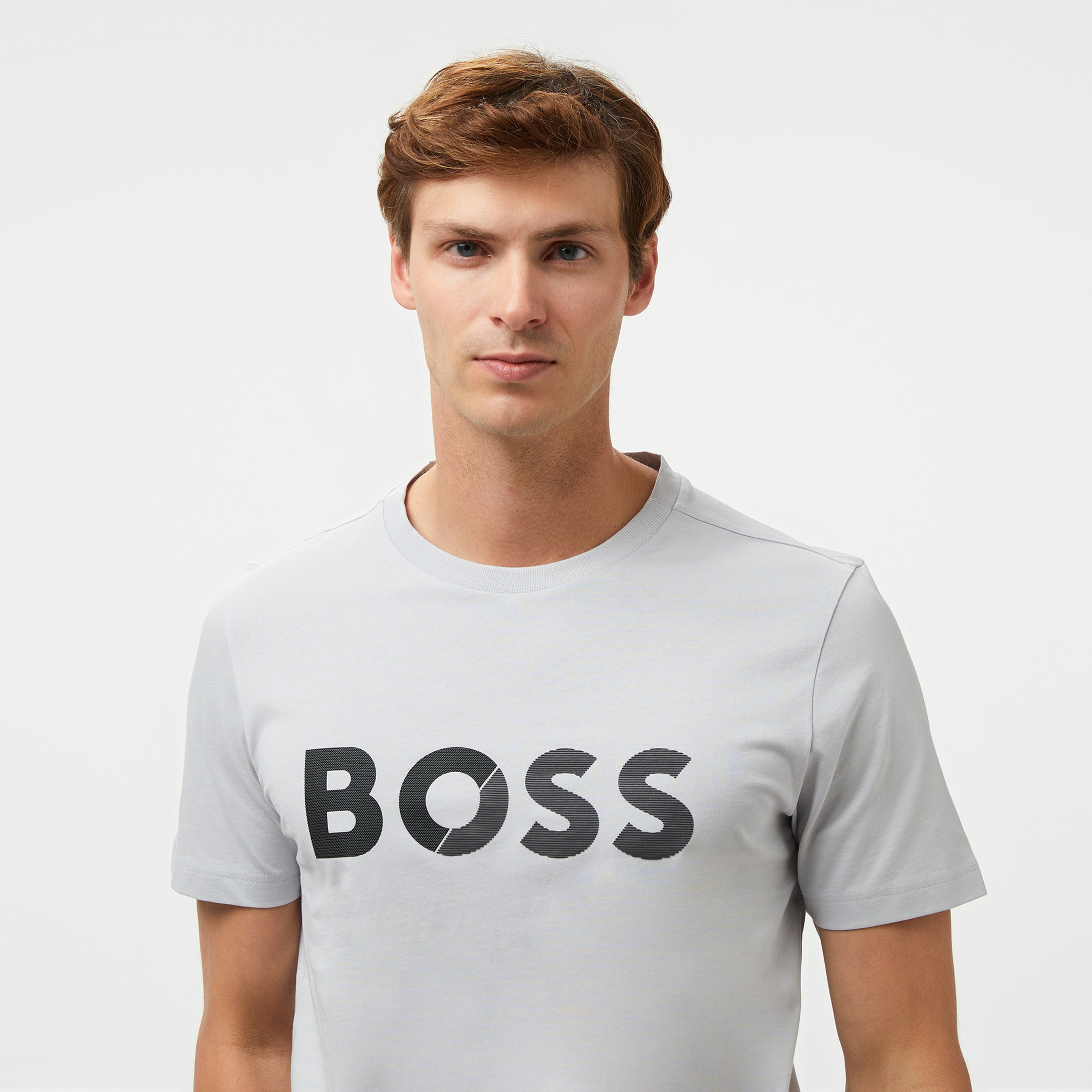 Boss Tape Logo Erkek Gri T-Shirt