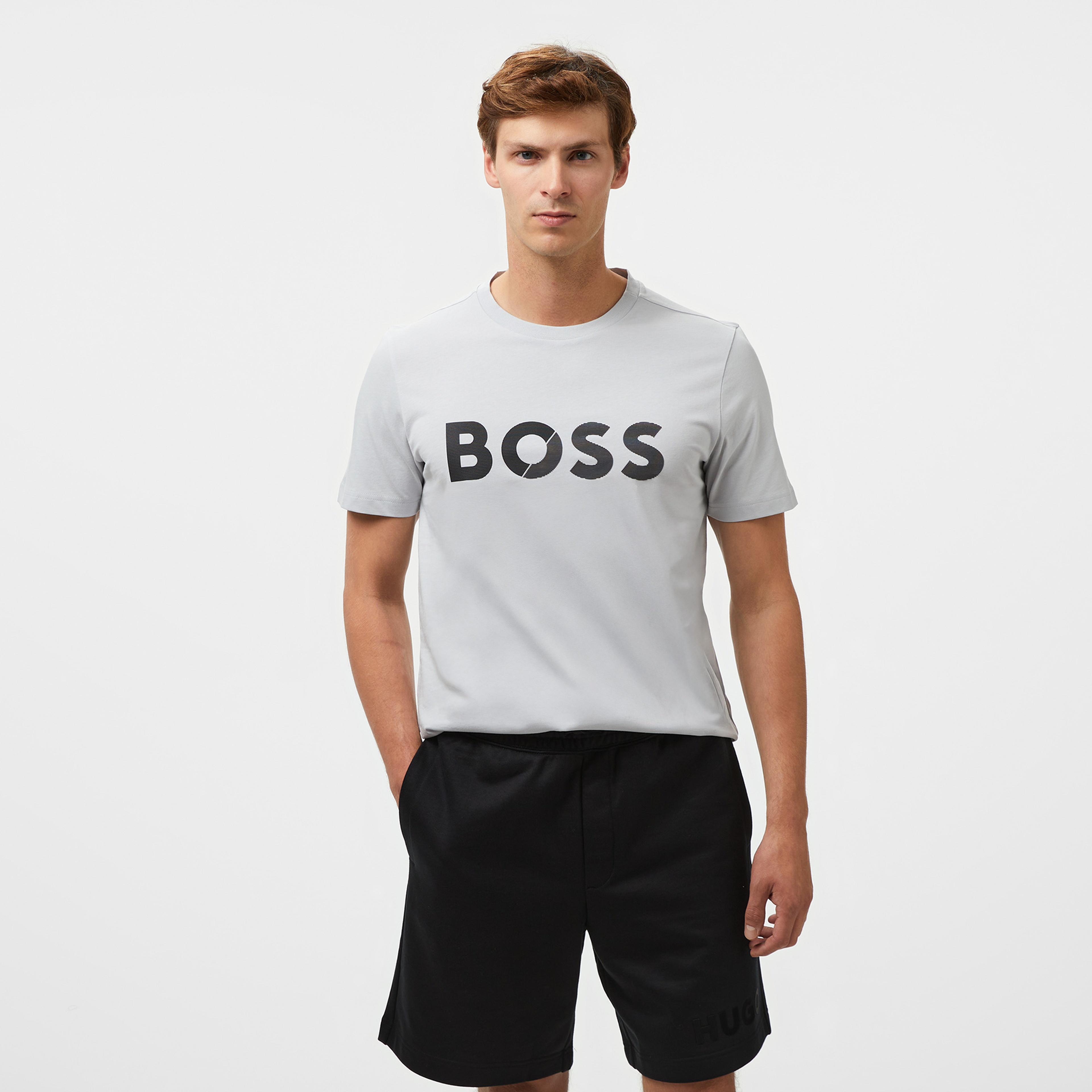 Boss Tape Logo Erkek Gri T-Shirt