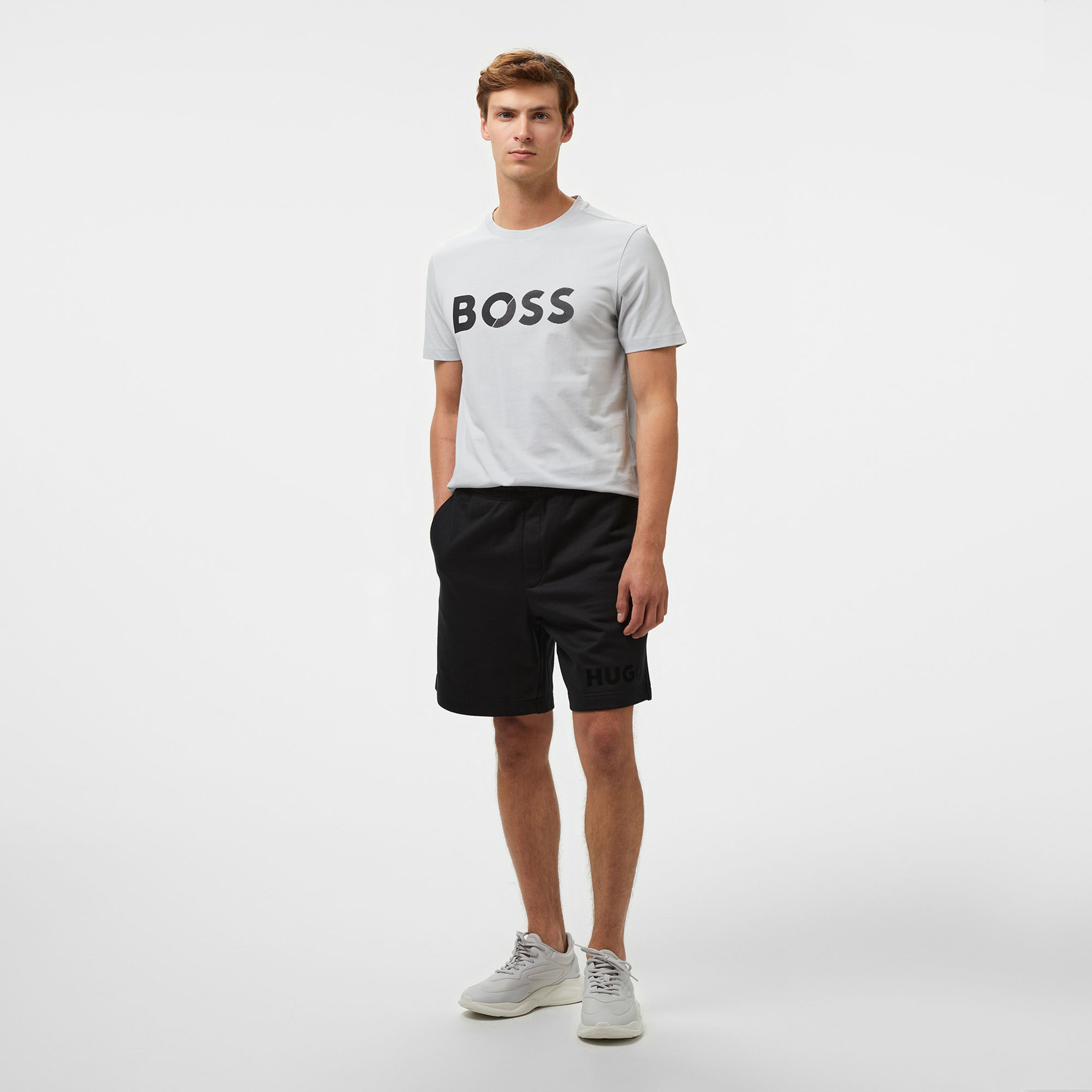 Boss Tape Logo Erkek Gri T-Shirt