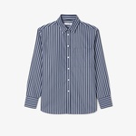 Kadın Oversize Fit Düğmesiz Yaka Çizgili Lacivert Gömlek
