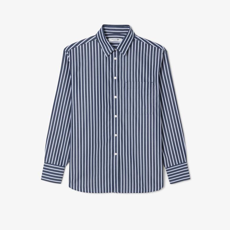Kadın Oversize Fit Düğmesiz Yaka Çizgili Lacivert Gömlek