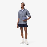 Kadın Oversize Fit Düğmesiz Yaka Çizgili Lacivert Gömlek