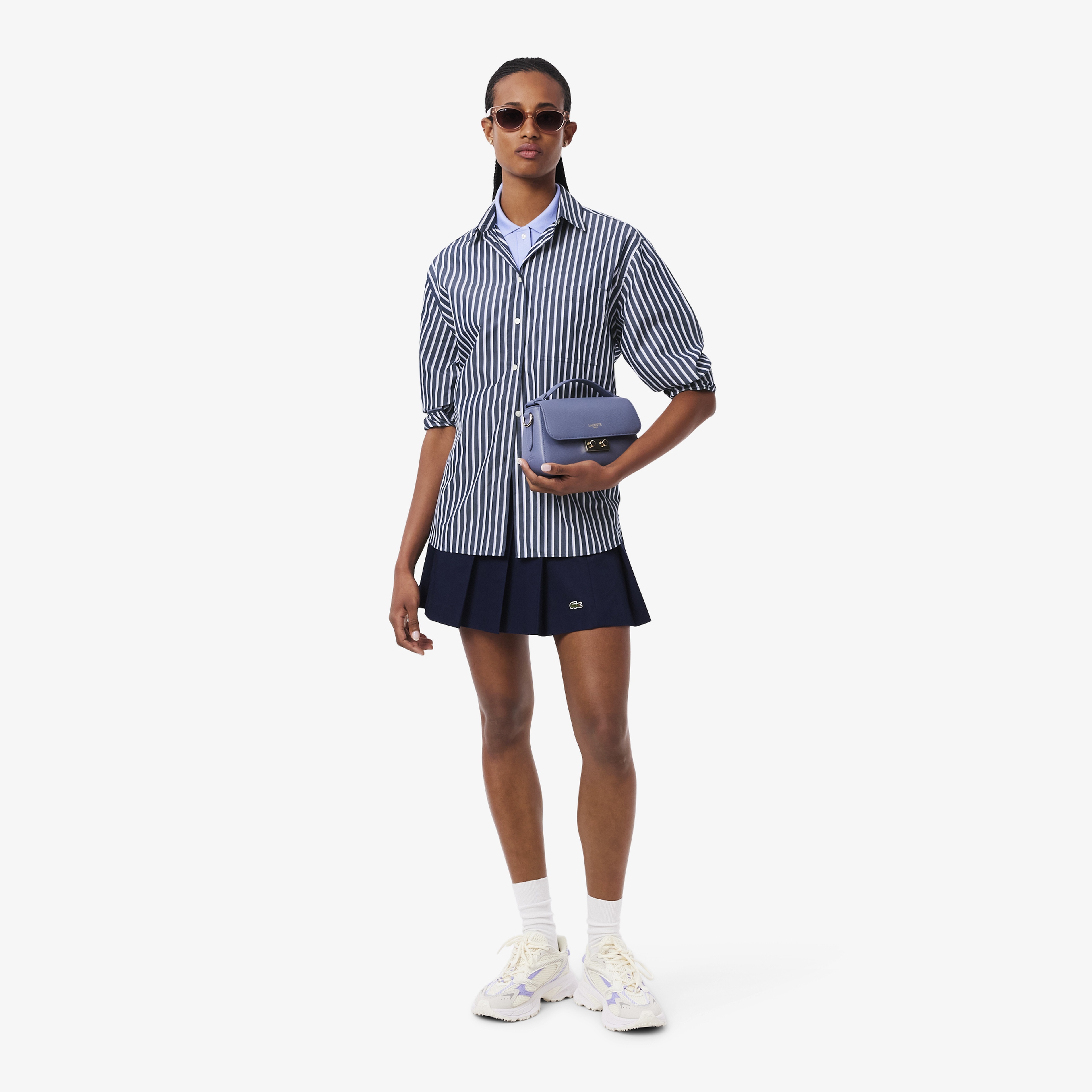 Kadın Oversize Fit Düğmesiz Yaka Çizgili Lacivert Gömlek