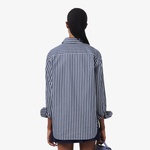 Kadın Oversize Fit Düğmesiz Yaka Çizgili Lacivert Gömlek