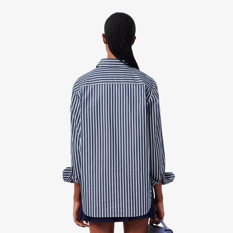 Kadın Oversize Fit Düğmesiz Yaka Çizgili Lacivert Gömlek