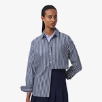 Kadın Oversize Fit Düğmesiz Yaka Çizgili Lacivert Gömlek