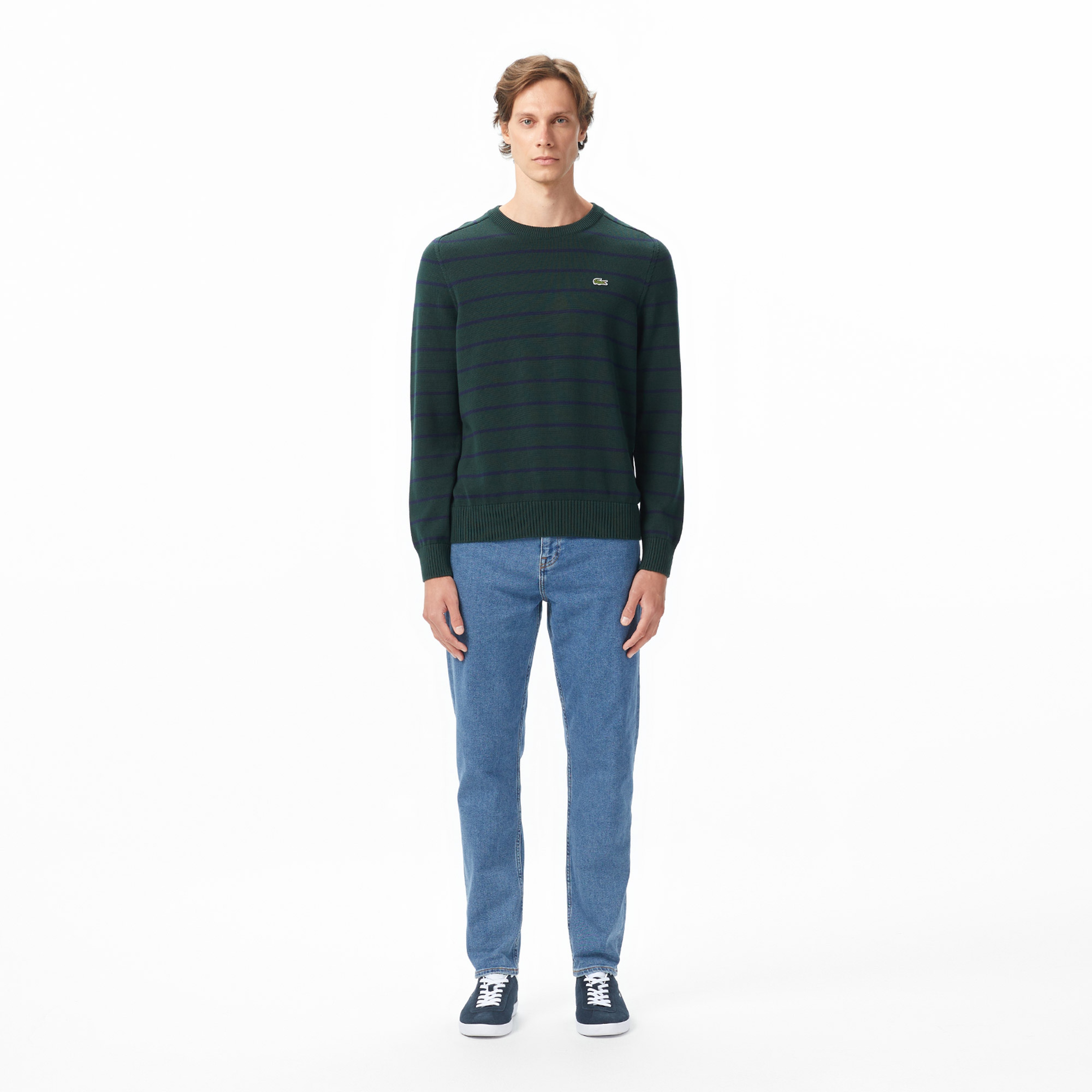 Erkek Classic Fit Bisiklet Yaka Çizgili Yeşil Kazak