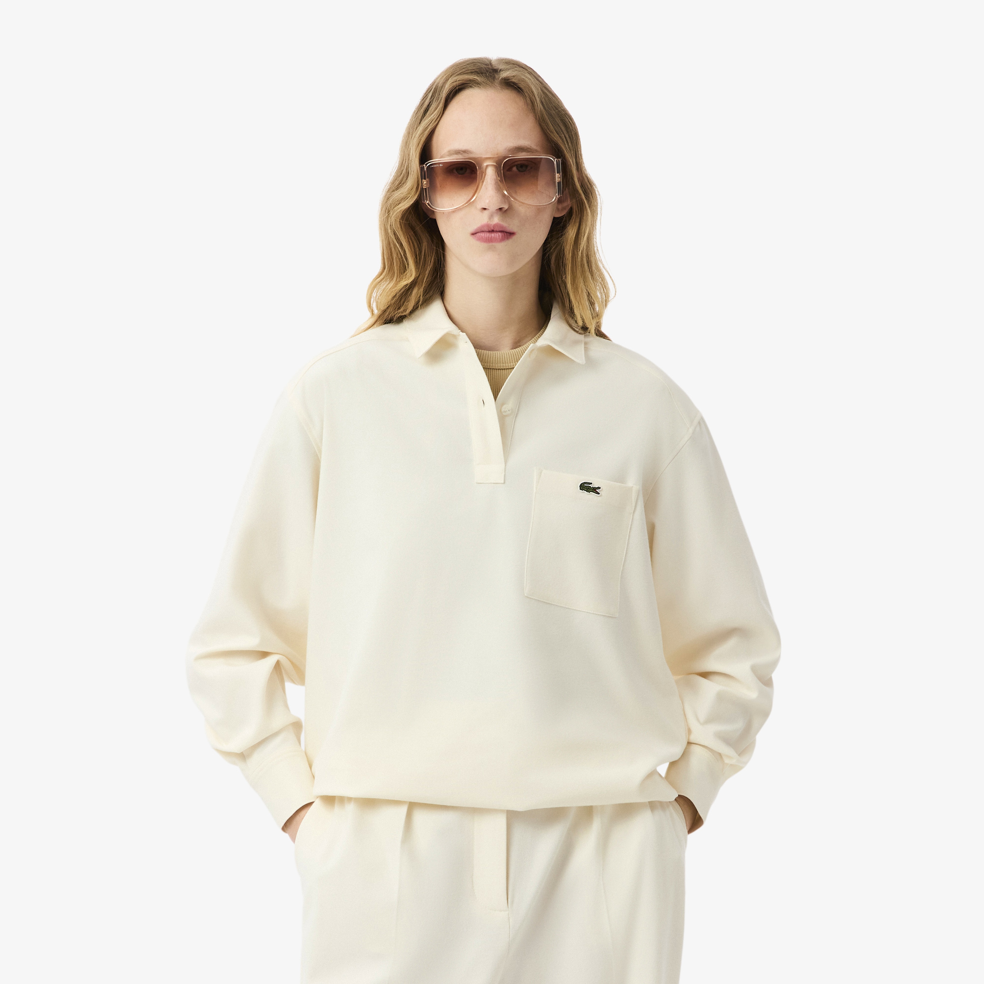 Kadın Oversize Fit Polo Yaka Krem Bluz