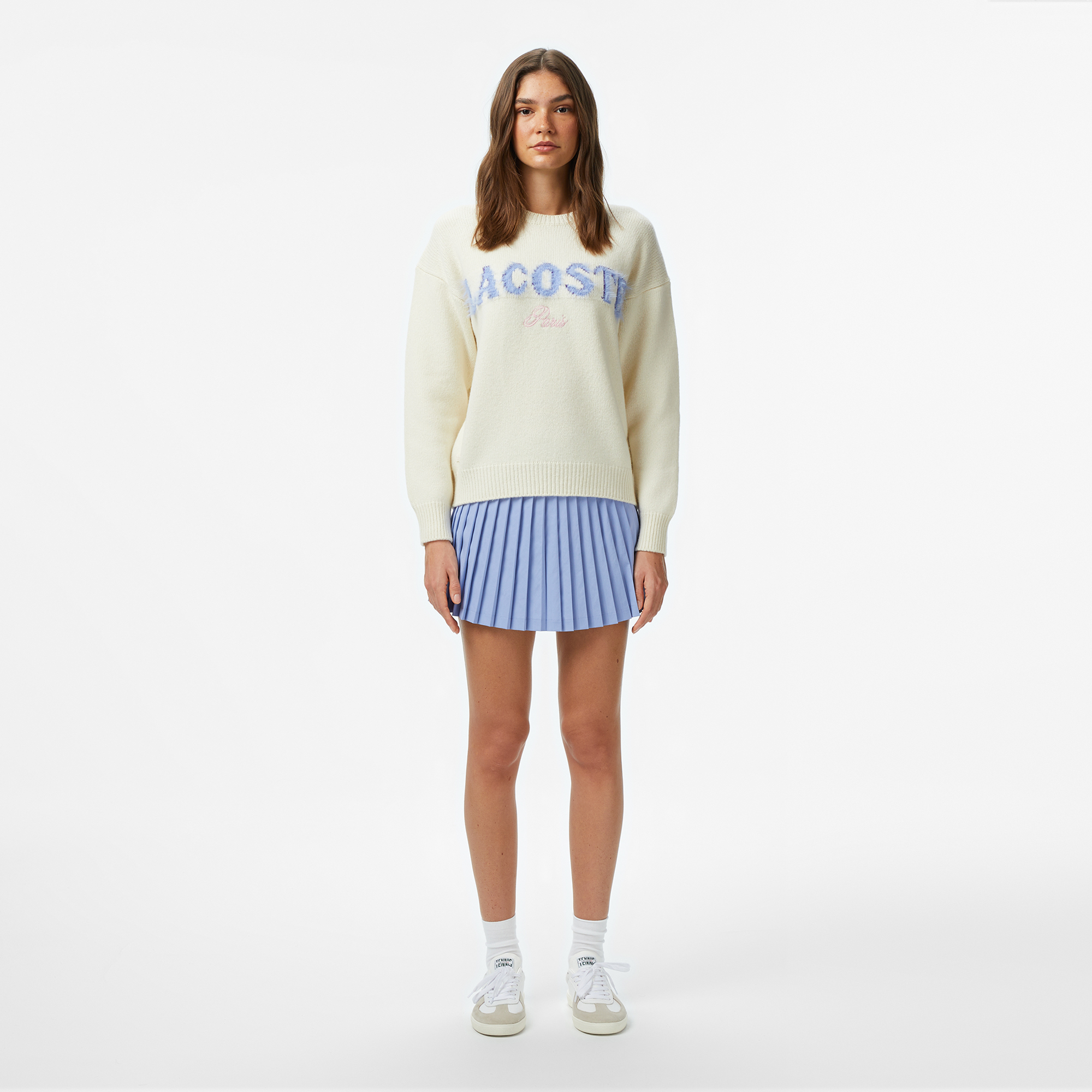 Kadın Classic Fit Bisiklet Yaka Baskılı Yün Krem Kazak