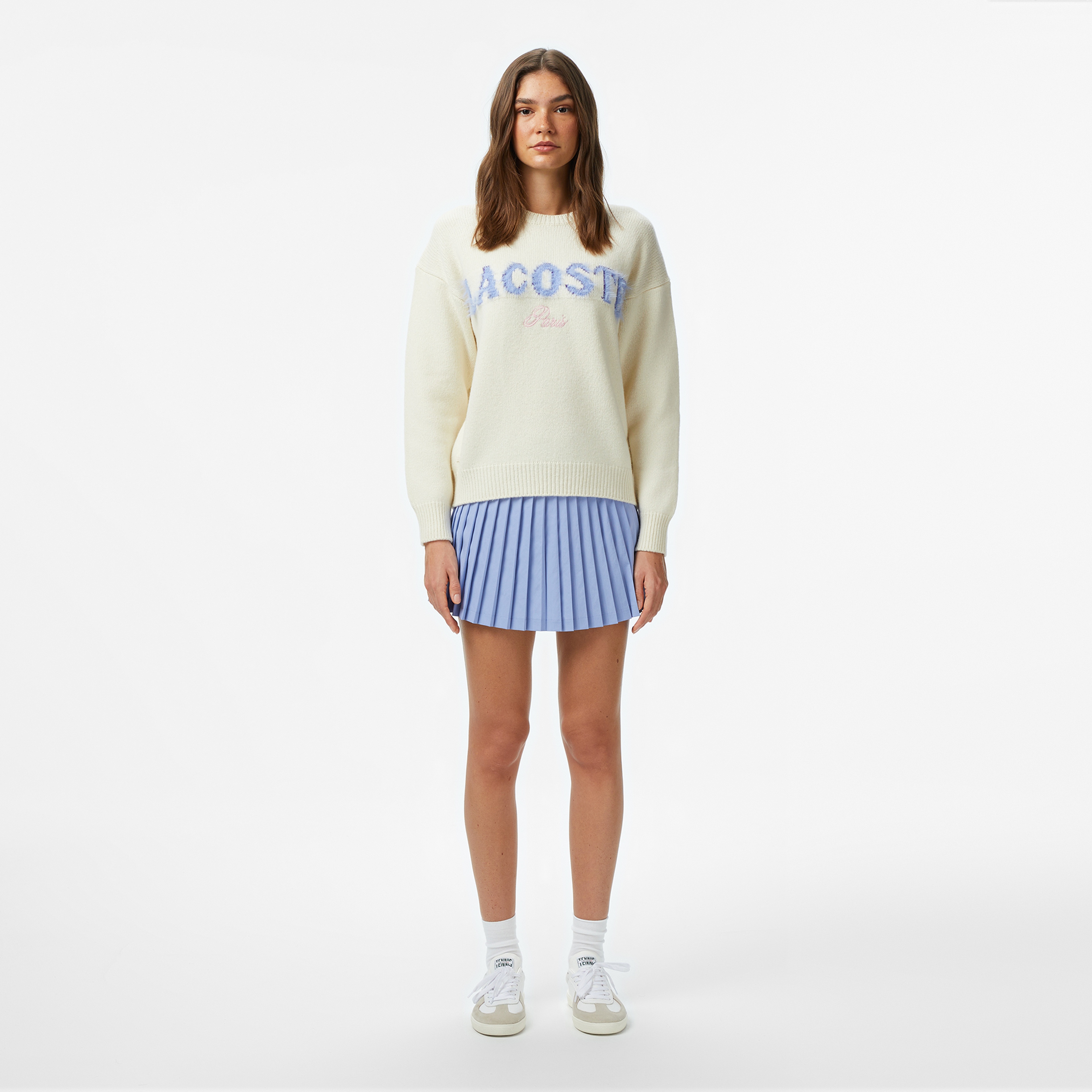 Kadın Classic Fit Bisiklet Yaka Baskılı Yün Krem Kazak